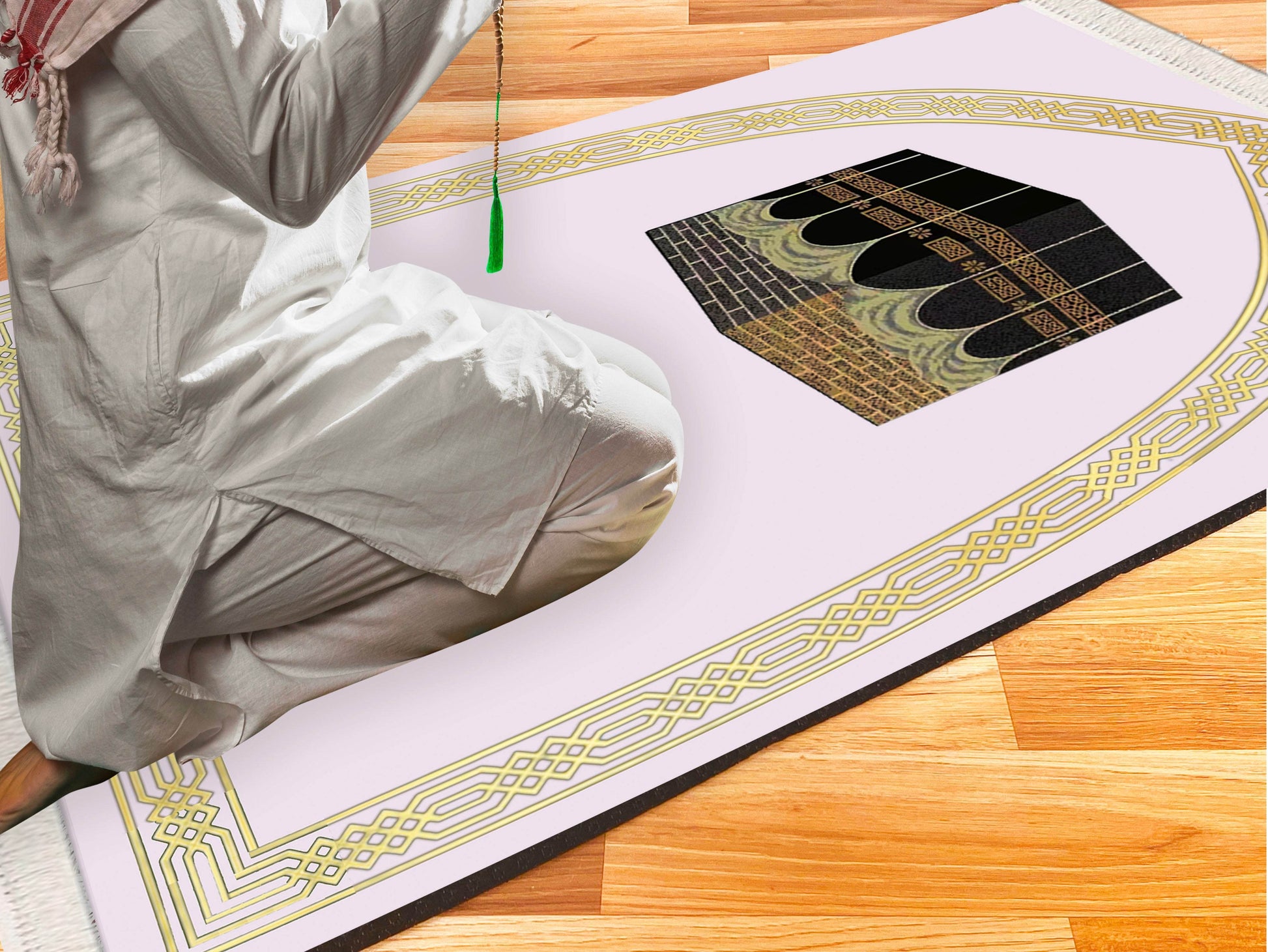 Beyaz Kabe Desenli İsme Özel Keten Astarlı Lüks Seccade - Carpetella