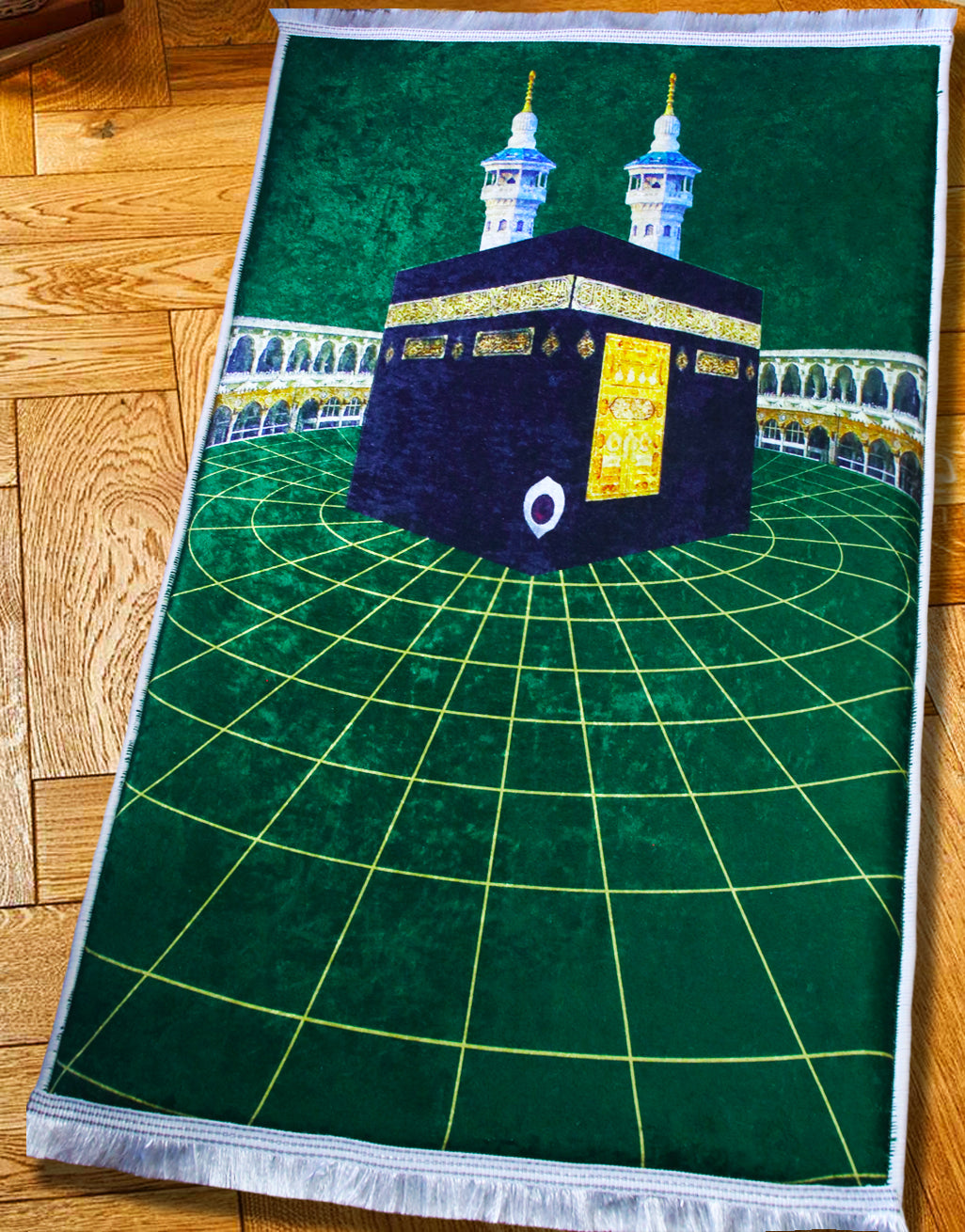 2 CM (0.8 Inch) Foam Thick Padded Prayer Rug Mat With Soft Velvet Anti-Slip Green Kaaba Gold Islamic Janamaz Muslim Sejadah