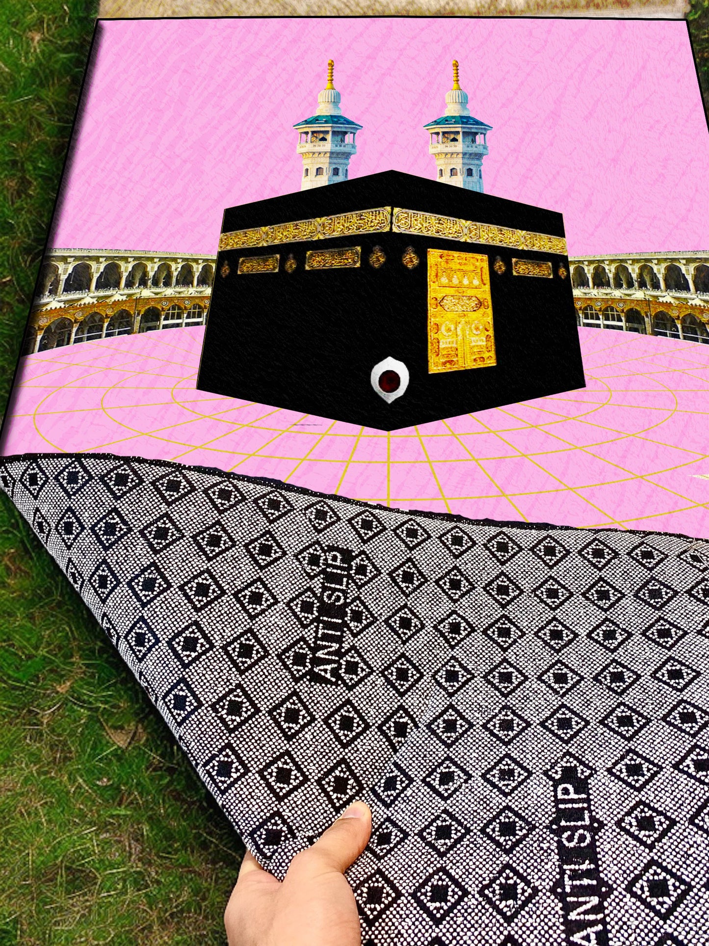 2 CM (0.8 Inch) Foam Thick Padded Prayer Rug Mat With Soft Velvet Anti-Slip Pink Kaaba Janamaz Muslim Sejadah