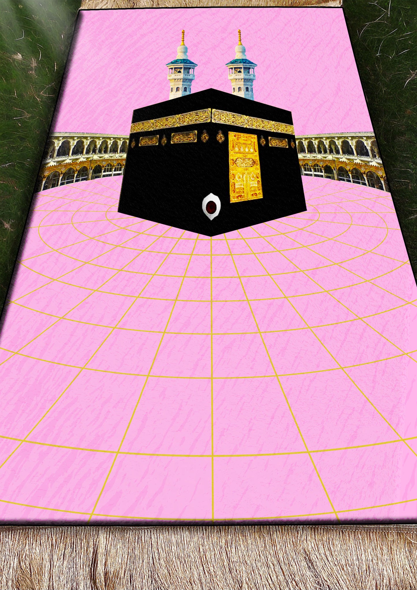 2 CM (0.8 Inch) Foam Thick Padded Prayer Rug Mat With Soft Velvet Anti-Slip Pink Kaaba Janamaz Muslim Sejadah