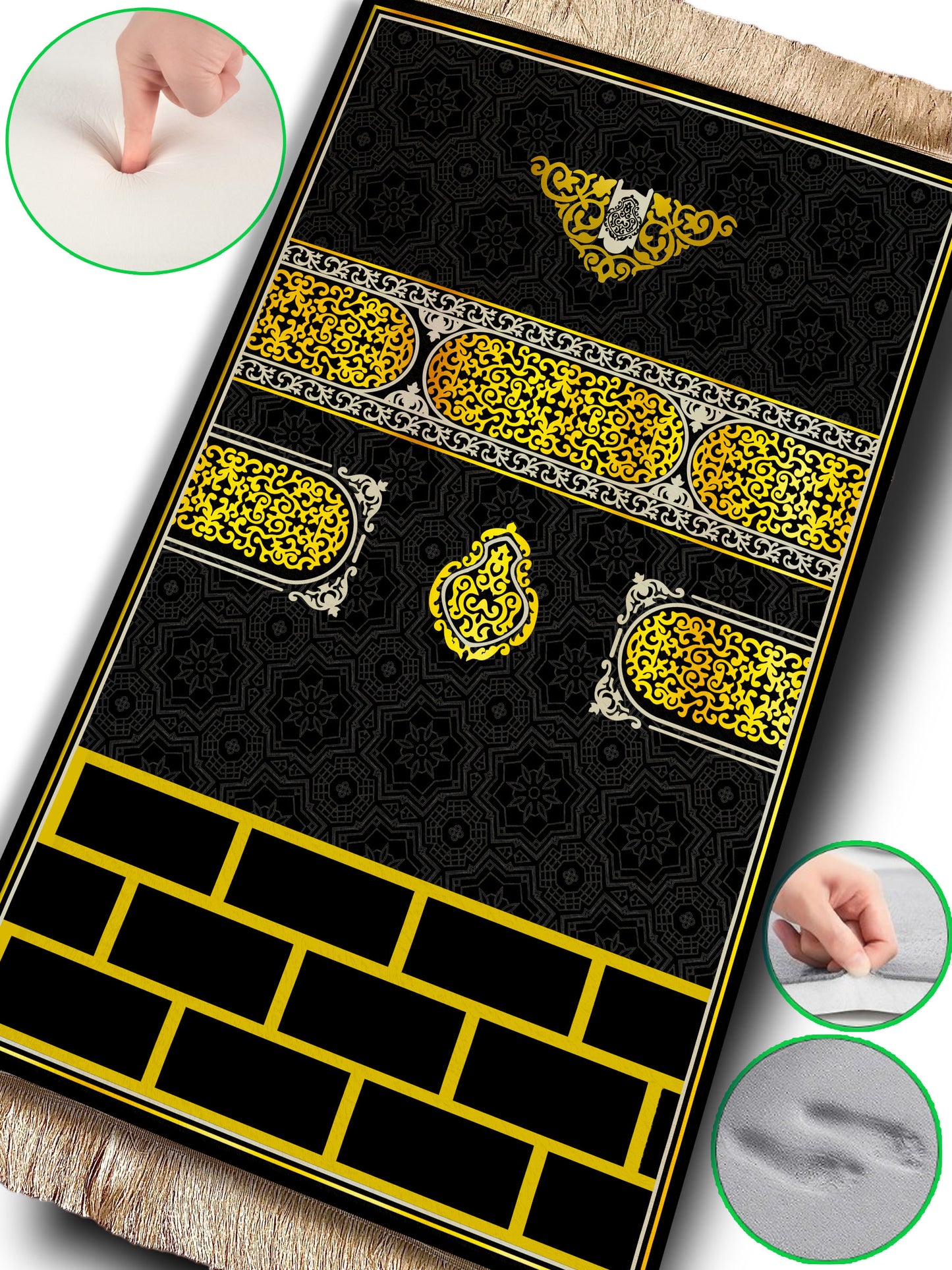 2 CM (0.8 Inch) Foam Thick Padded Prayer Rug Mat With Soft Velvet Anti-Slip Gold Kaaba Door Janamaz Muslim Sejadah