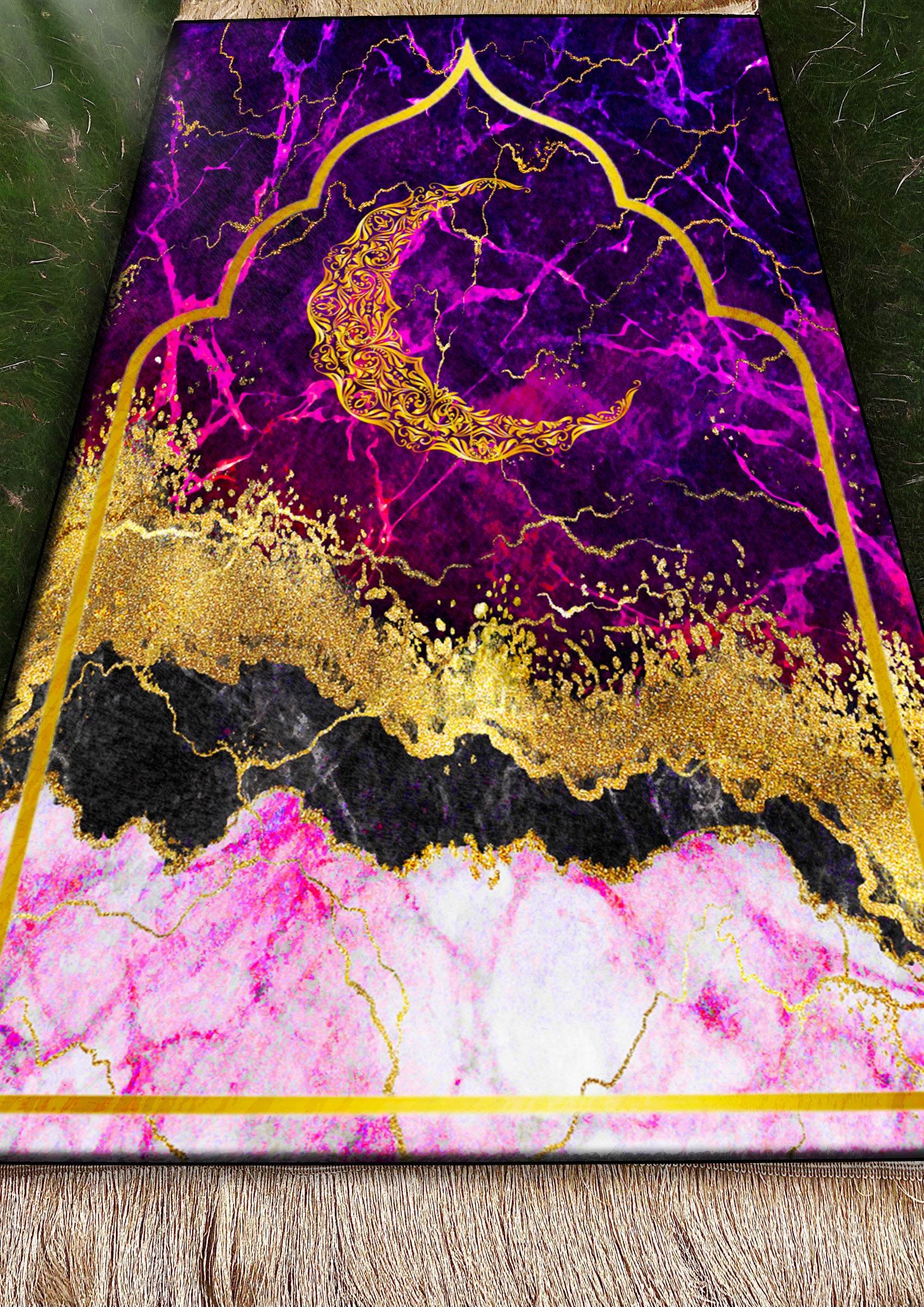 Kırmızı Hilal Desenli İsme Özel Keten Astarlı Lüks Seccade - Carpetella