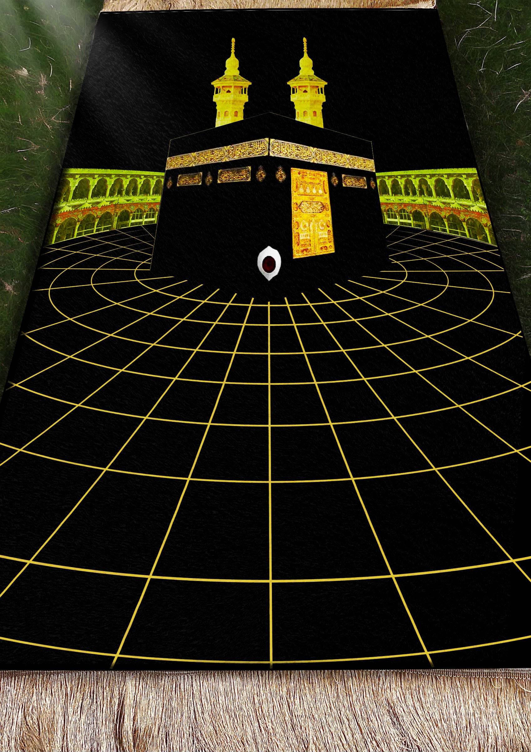 Siyah Kabe Desenli İsme Özel Keten Astarlı Lüks Seccade - Carpetella