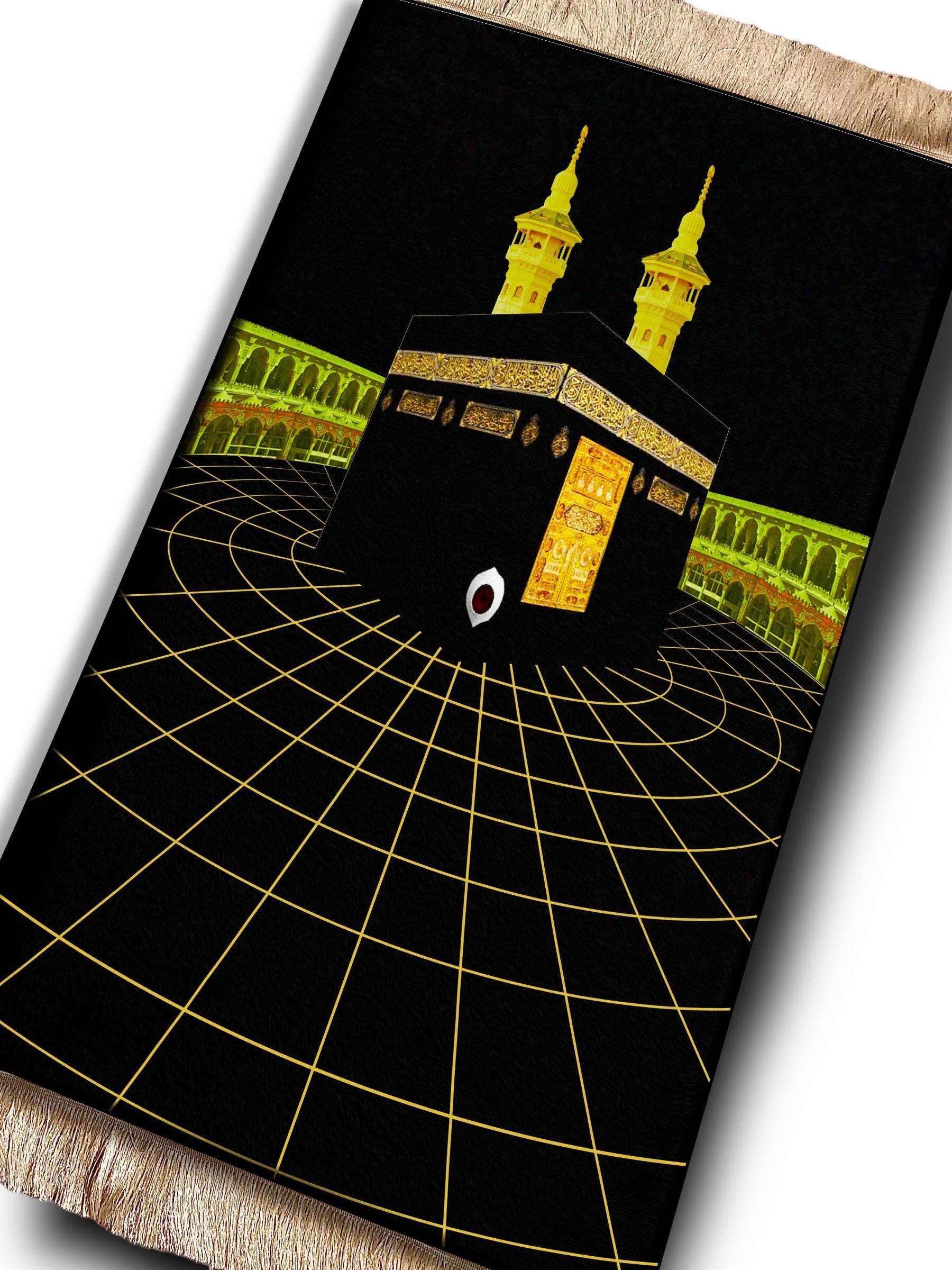 Siyah Kabe Desenli İsme Özel Keten Astarlı Lüks Seccade - Carpetella