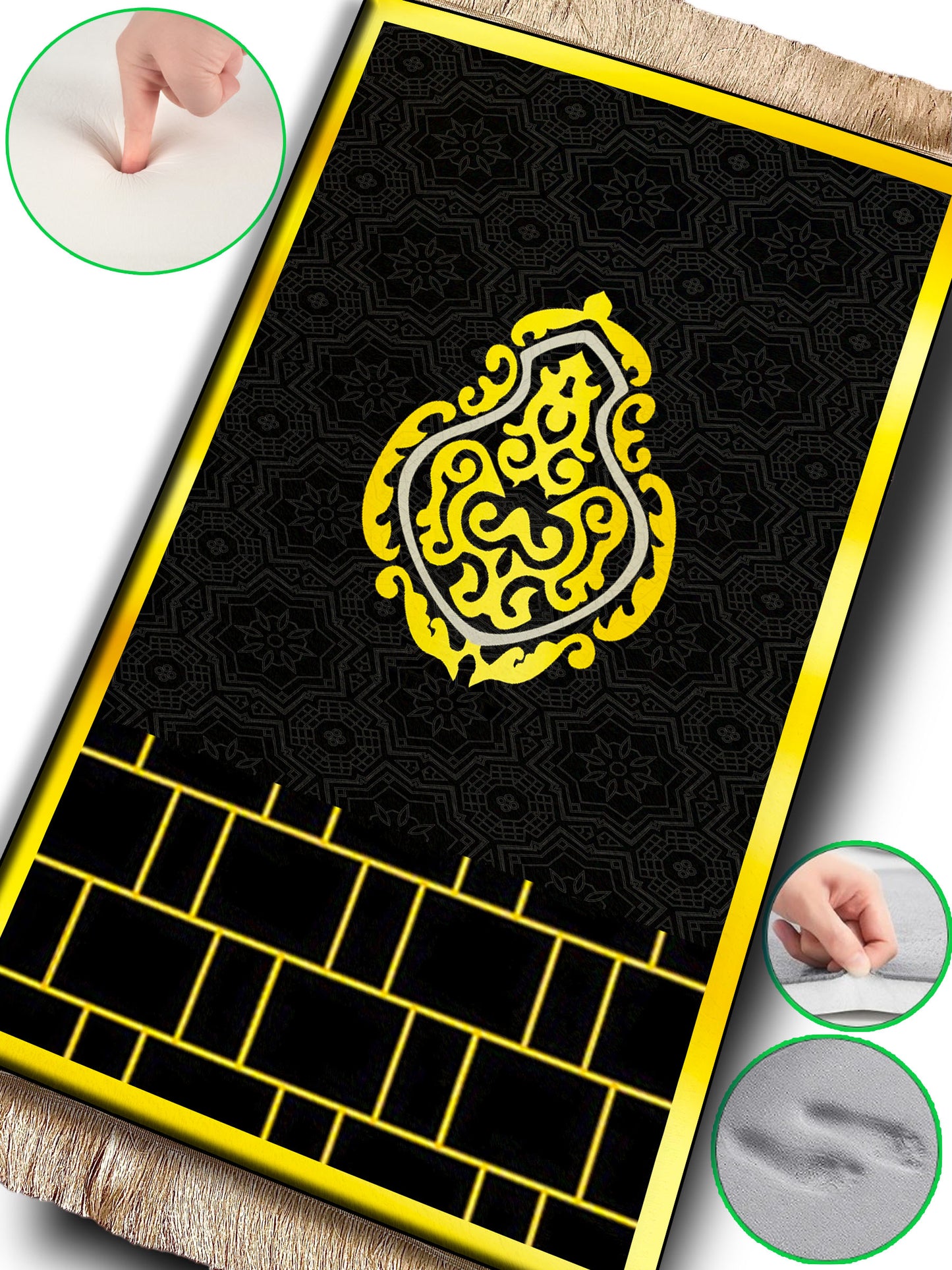 2 CM (0.8 Inch) Foam Thick Padded Prayer Rug Mat With Soft Velvet Anti-Slip Black Gold Janamaz Muslim Sejadah