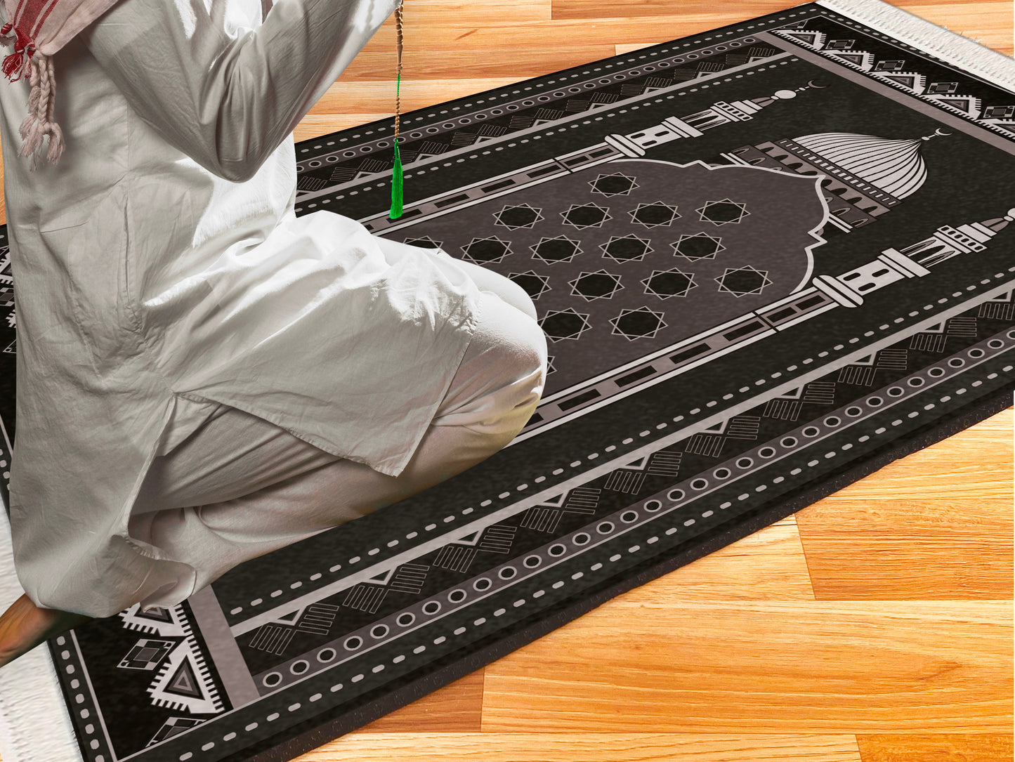 2 CM (0.8 Inch) Foam Thick Padded Prayer Rug Mat With Soft Velvet Anti-Slip Black Mosque Janamaz Muslim Sejadah