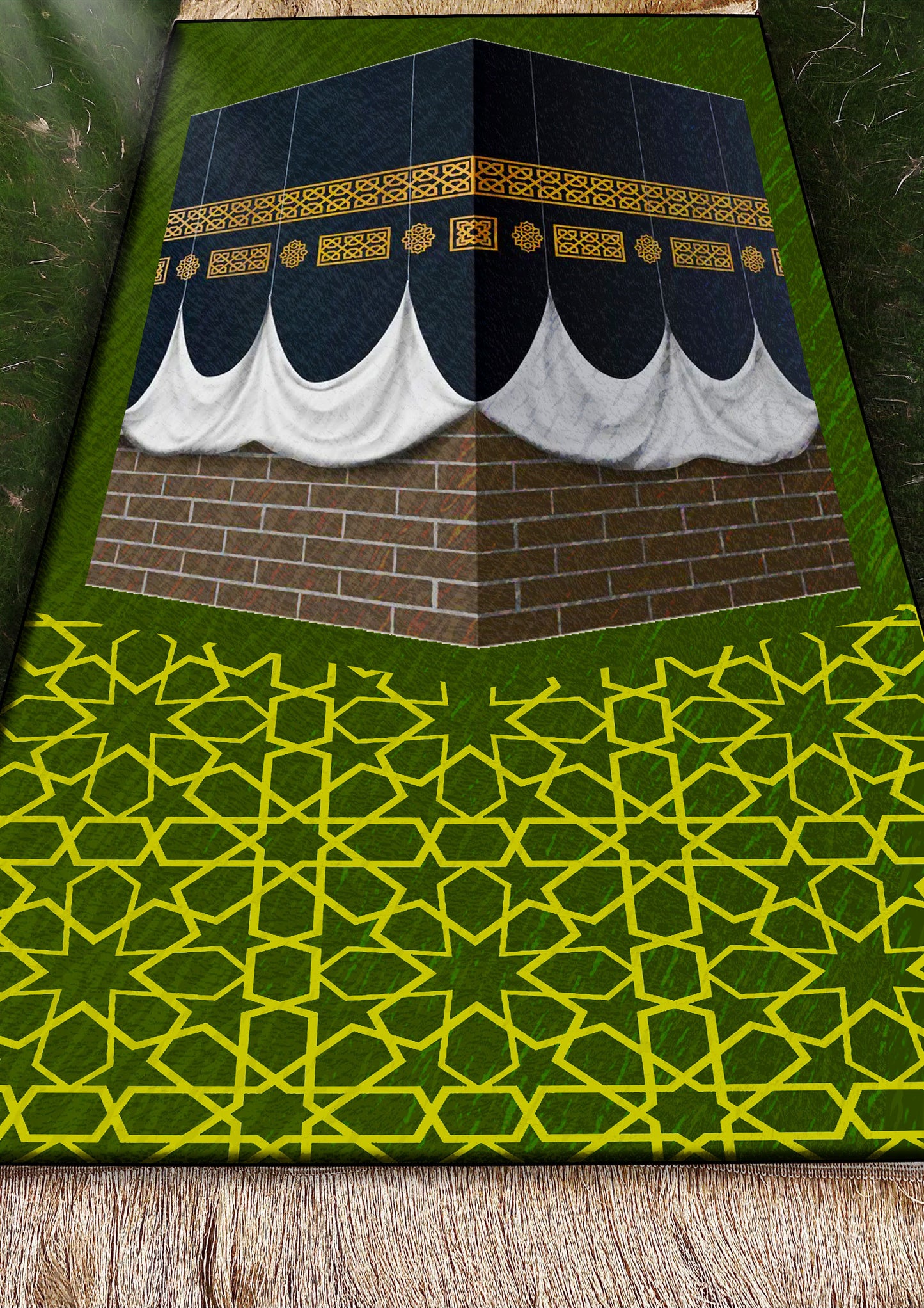 2 CM (0.8 Inch) Foam Thick Padded Prayer Rug Mat With Soft Velvet Anti-Slip Green Kaaba Janamaz Muslim Sejadah