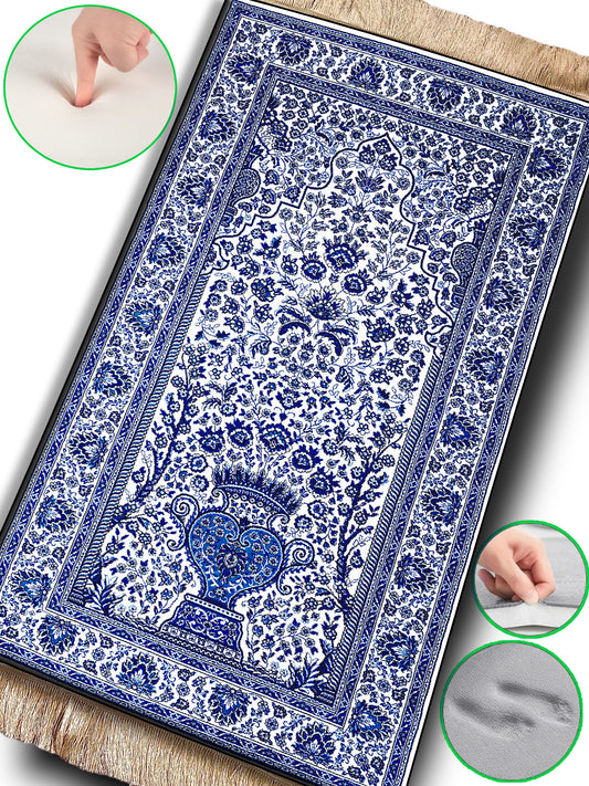 2 CM (0.8 Inch) Foam Thick Padded Prayer Rug Mat With Soft Velvet Anti-Slip Blue Oriental Janamaz Muslim Sejadah