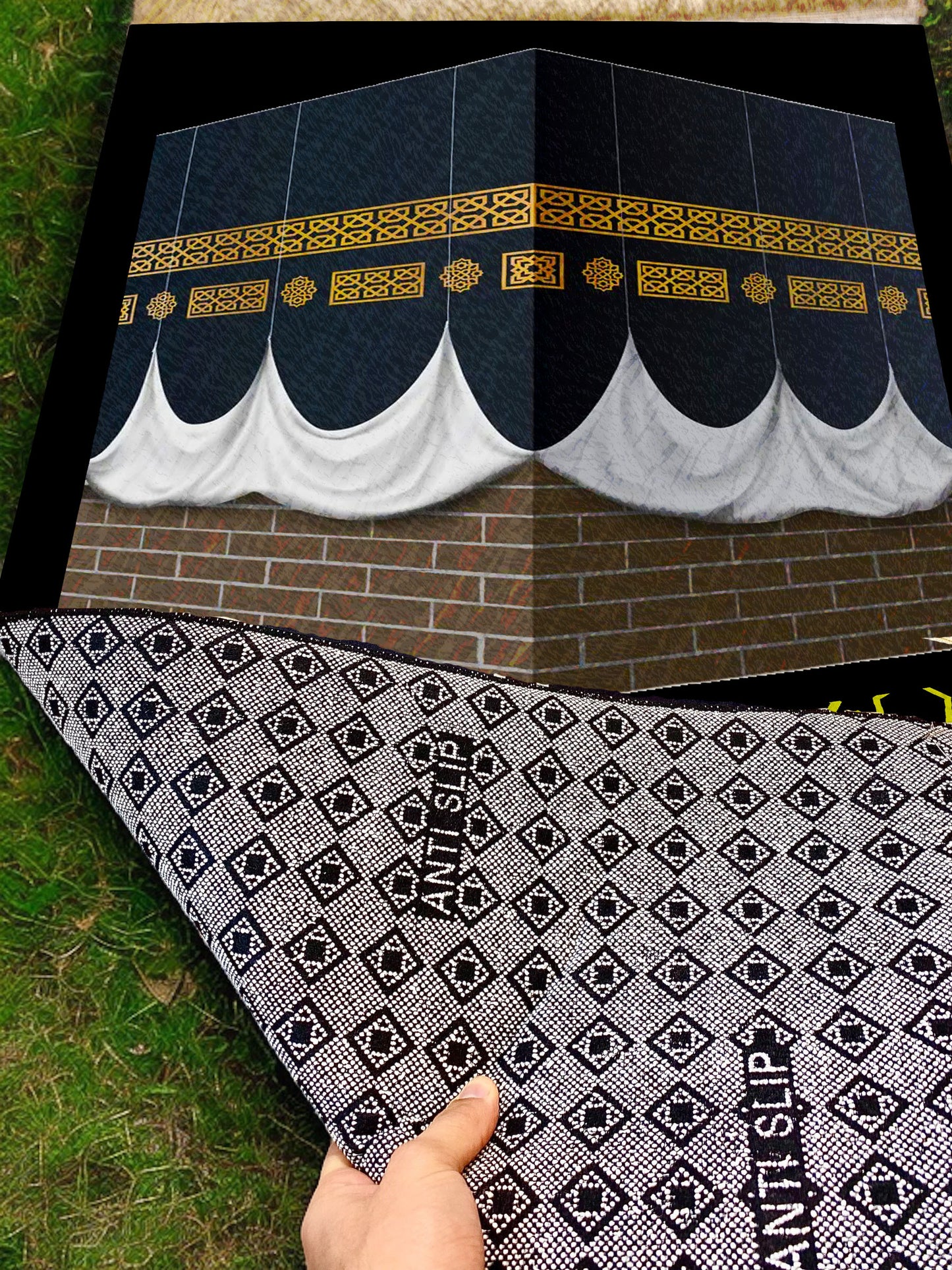 2 CM (0.8 Inch) Foam Thick Padded Prayer Rug Mat With Soft Velvet Anti-Slip Kaaba Black Janamaz Muslim Sejadah