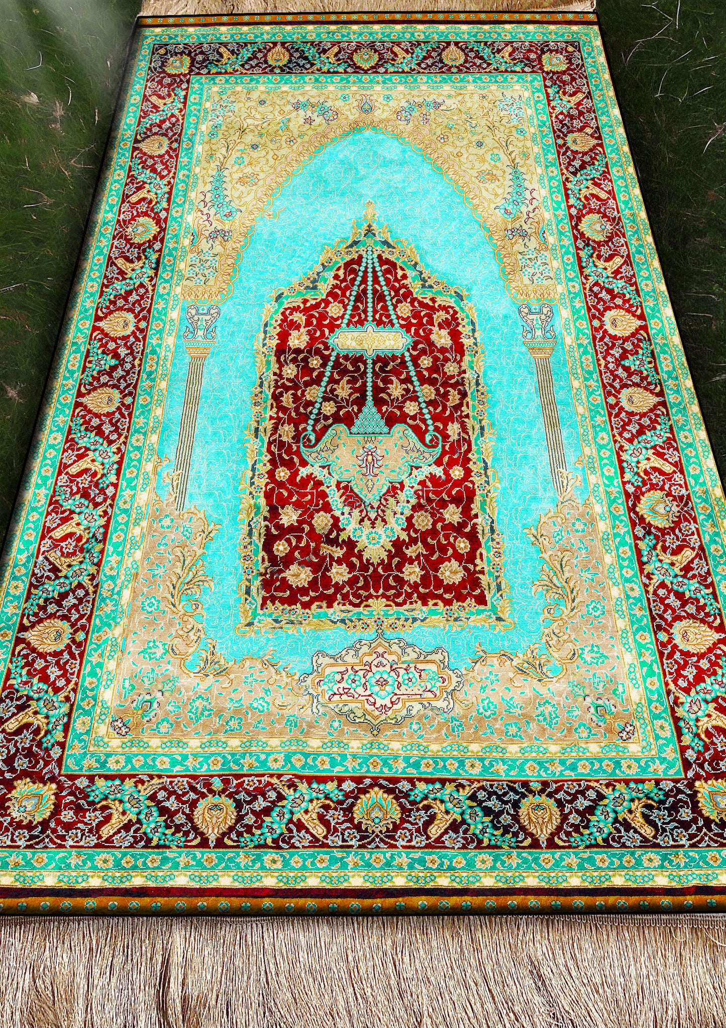 2 CM (0.8 Inch) Foam Thick Padded Prayer Rug Mat With Soft Velvet Anti-Slip Green Red Oriental Janamaz Muslim Sejadah