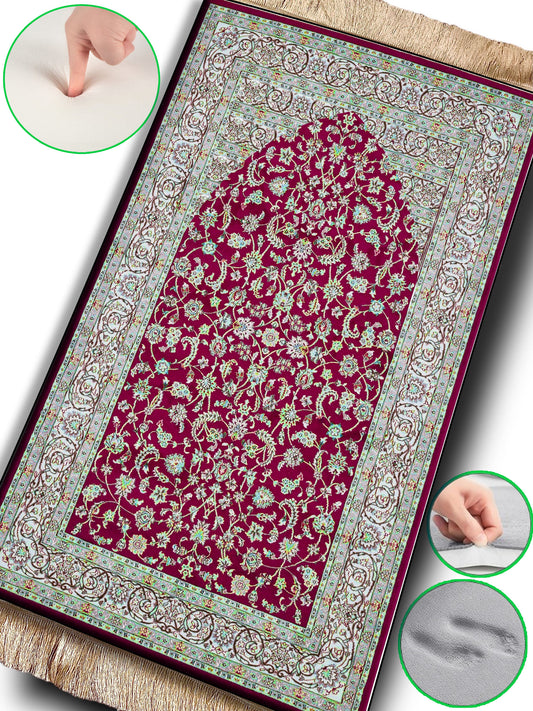 2 CM (0.8 Inch) Foam Thick Padded Prayer Rug Mat With Soft Velvet Anti-Slip Burgundy Vintage Janamaz Muslim Sejadah