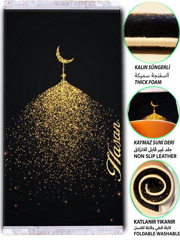 Siyah Gold Hilal Kadife Ortopedik Seccade - İsme Özel 3 CM Süngerli - Carpetella