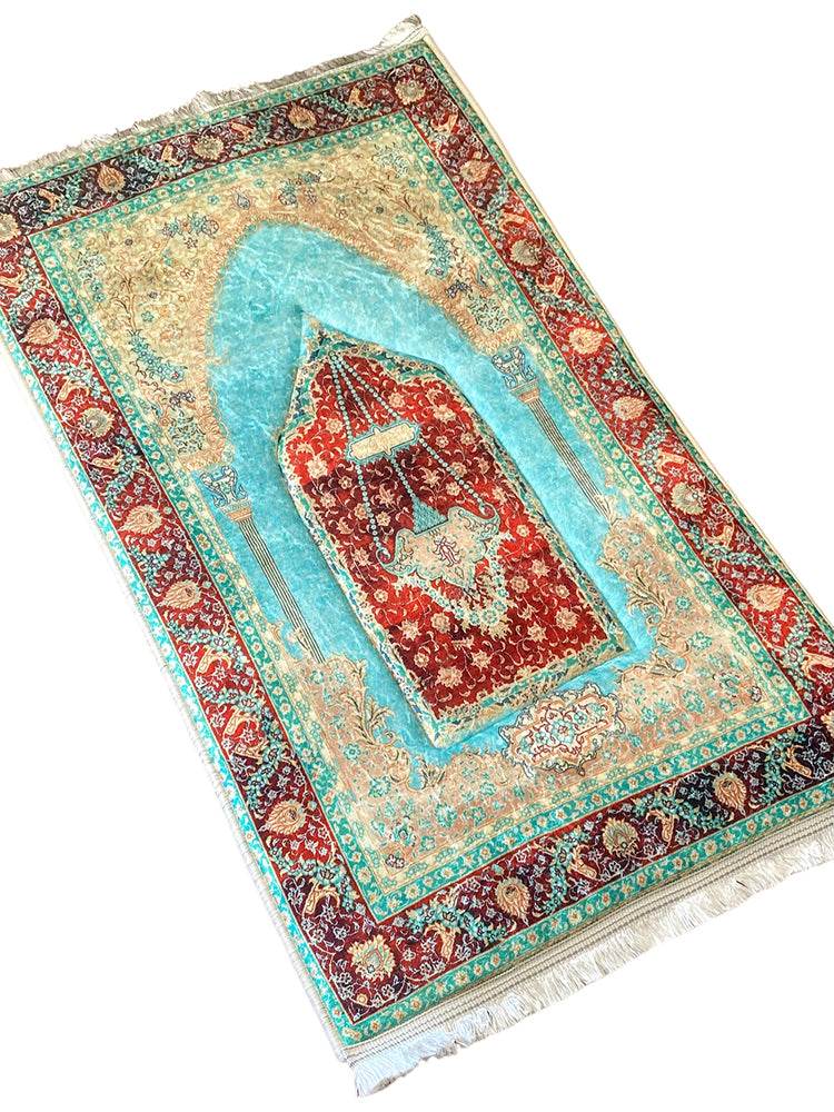 3 CM Süngerli Ortopedik Seccade - Yeşil Bej Desenli Ortopedik Kadife - Carpetella