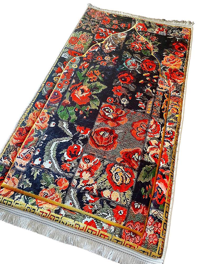 3 CM Süngerli Ortopedik Seccade - Çiçek Desenli Lüks Kadife Seccade - Carpetella