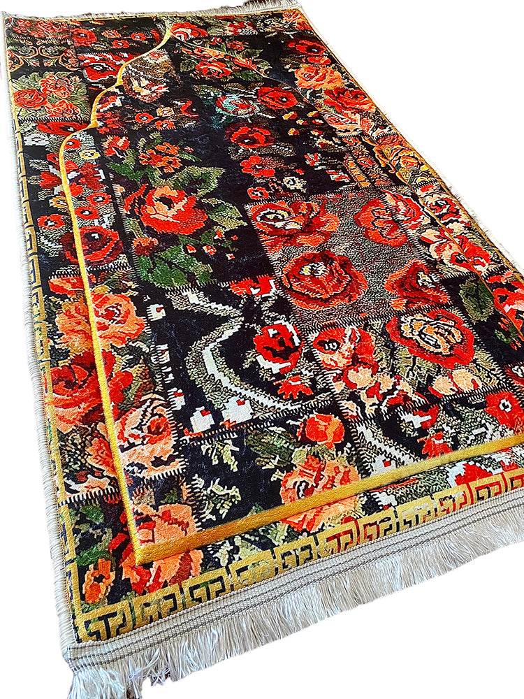 3 CM Süngerli Ortopedik Seccade - Çiçek Desenli Lüks Kadife Seccade - Carpetella