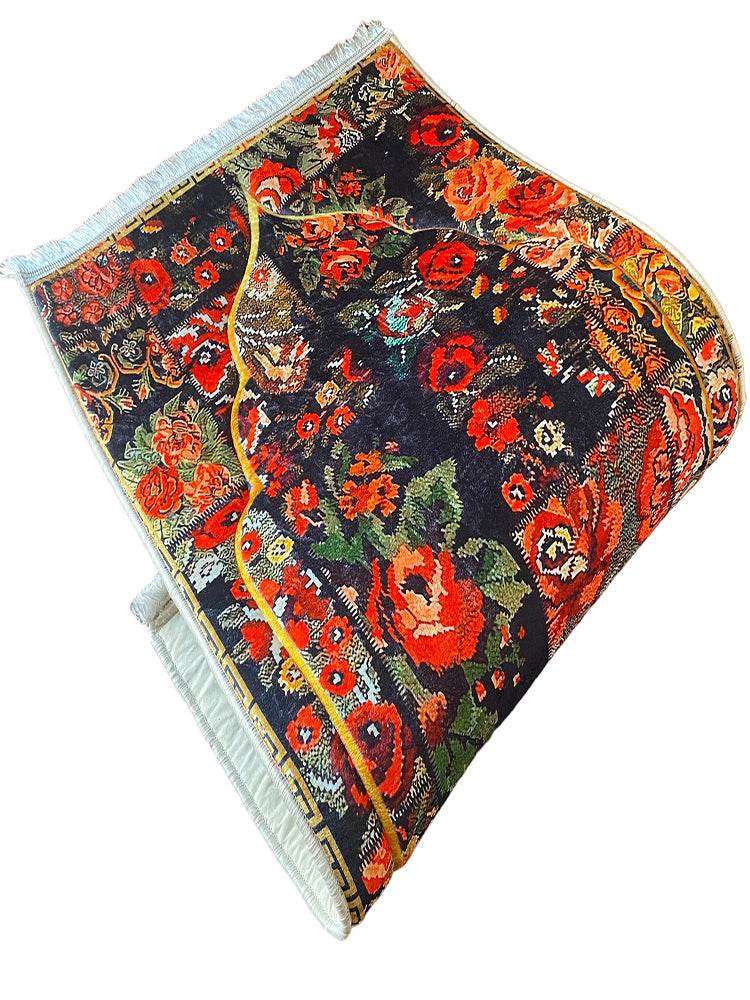 3 CM Süngerli Ortopedik Seccade - Çiçek Desenli Lüks Kadife Seccade - Carpetella