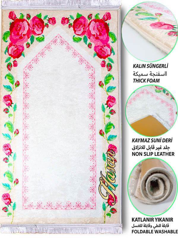 Çiçek Pembe Kadife Ortopedik Seccade - İsme Özel 3 CM Süngerli - Carpetella