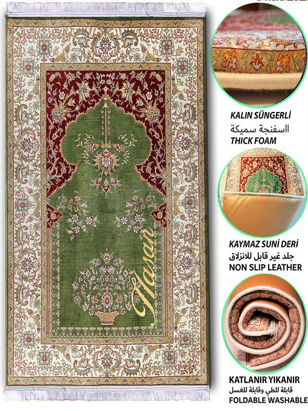 Yeşil Bej Kadife Ortopedik Seccade - İsme Özel 3 CM Süngerli - Carpetella