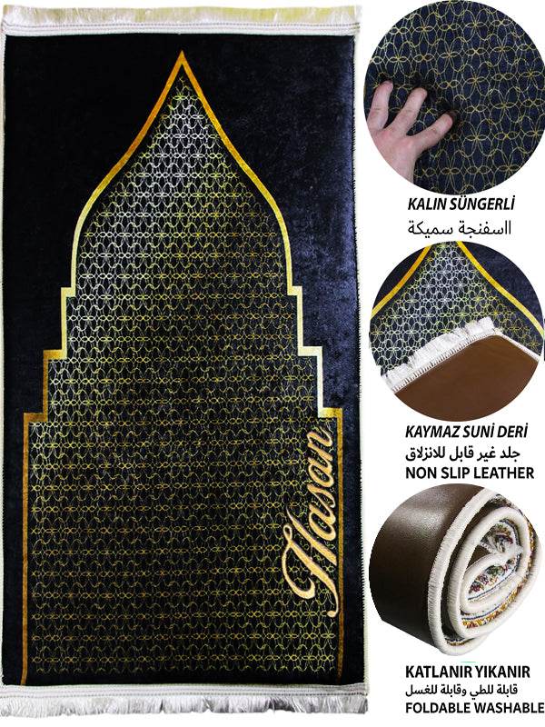 Siyah Gold Kadife Ortopedik Seccade - İsme Özel 3 CM Süngerli - Carpetella