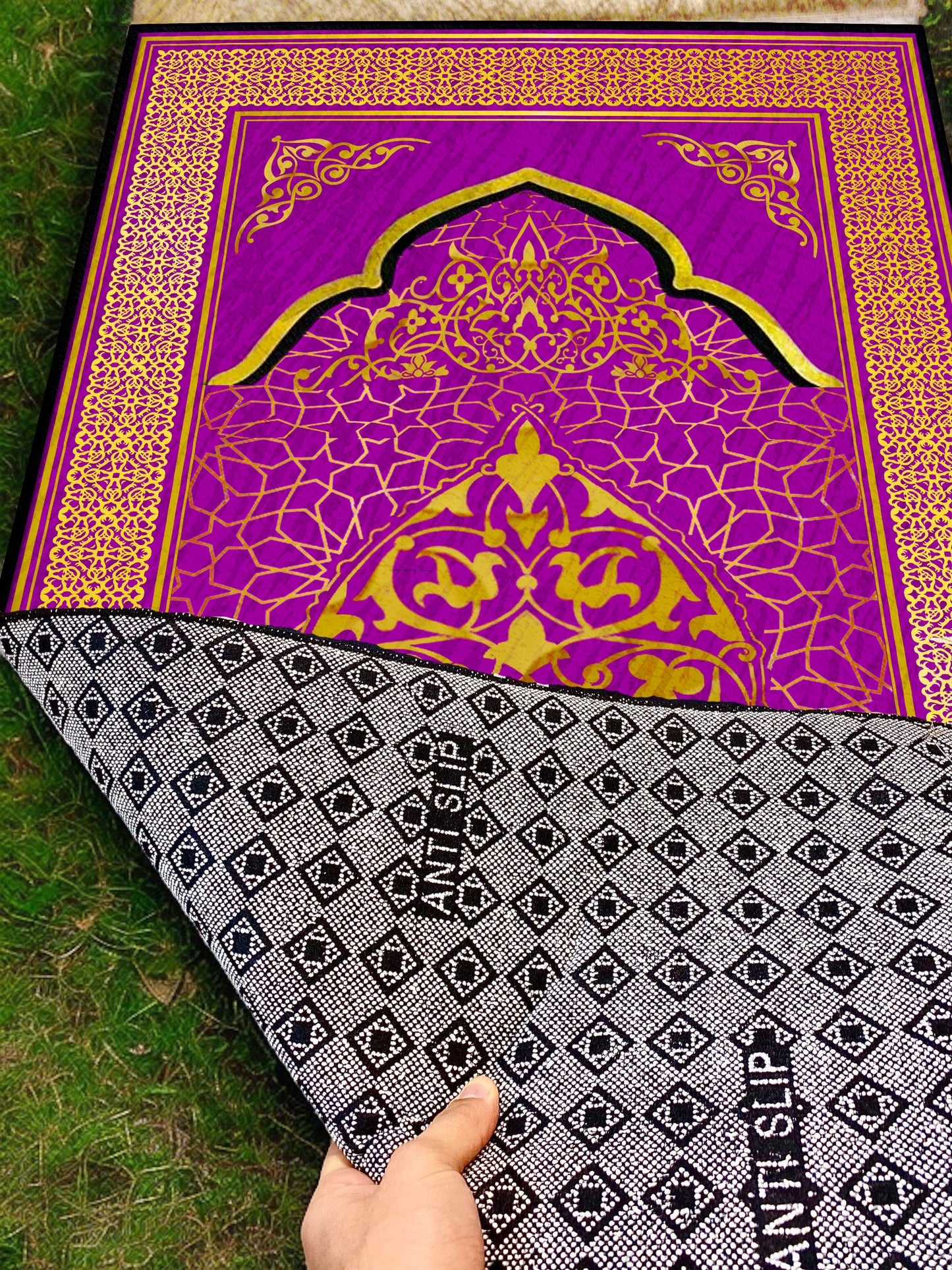 2 CM (0.8 Inch) Foam Thick Padded Prayer Rug Mat With Soft Velvet Anti-Slip Purple Gold Janamaz Muslim Sejadah