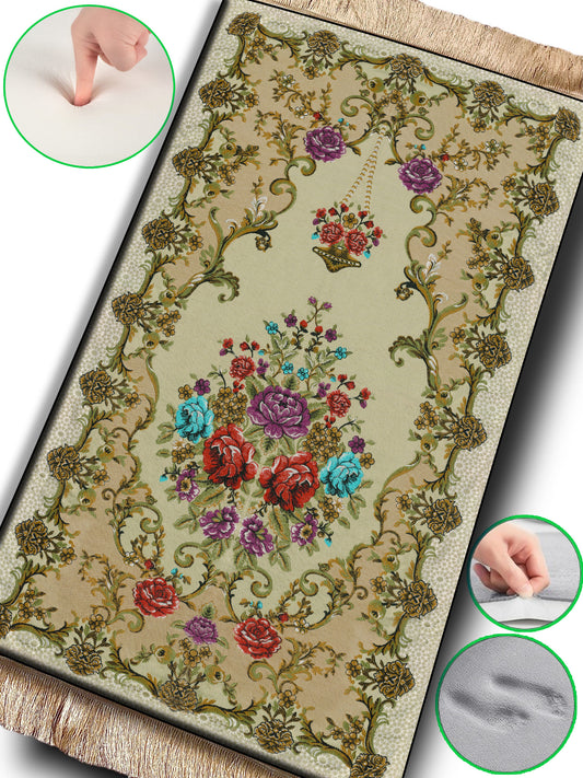 2 CM (0.8 Inch) Foam Thick Padded Prayer Rug Mat With Soft Velvet Anti-Slip Flower Beige Janamaz Muslim Sejadah