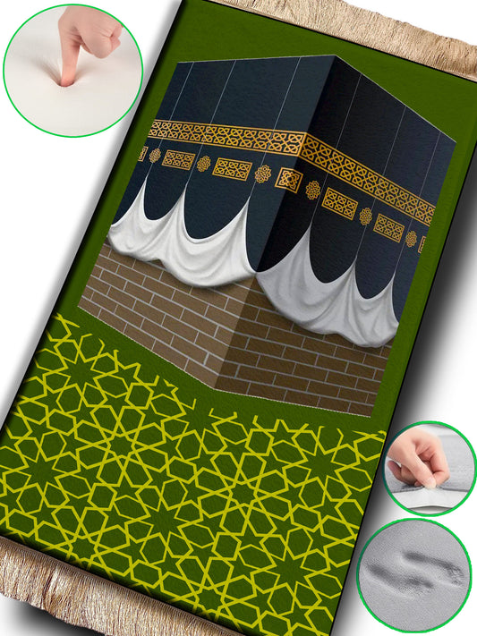 2 CM (0.8 Inch) Foam Thick Padded Prayer Rug Mat With Soft Velvet Anti-Slip Green Kaaba Janamaz Muslim Sejadah