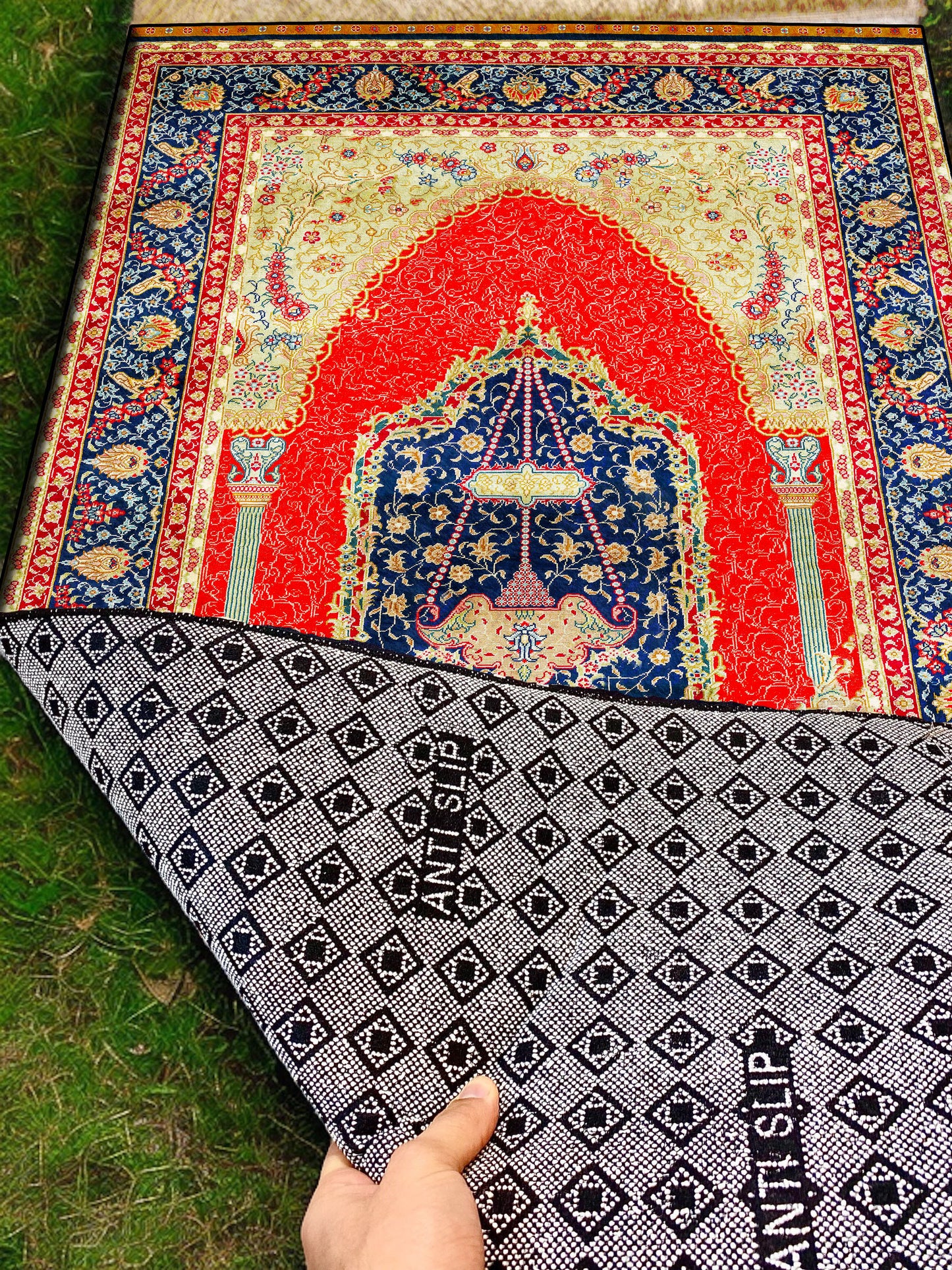 2 CM (0.8 Inch) Foam Thick Padded Prayer Rug Mat With Soft Velvet Anti-Slip Red Oriental Janamaz Muslim Sejadah