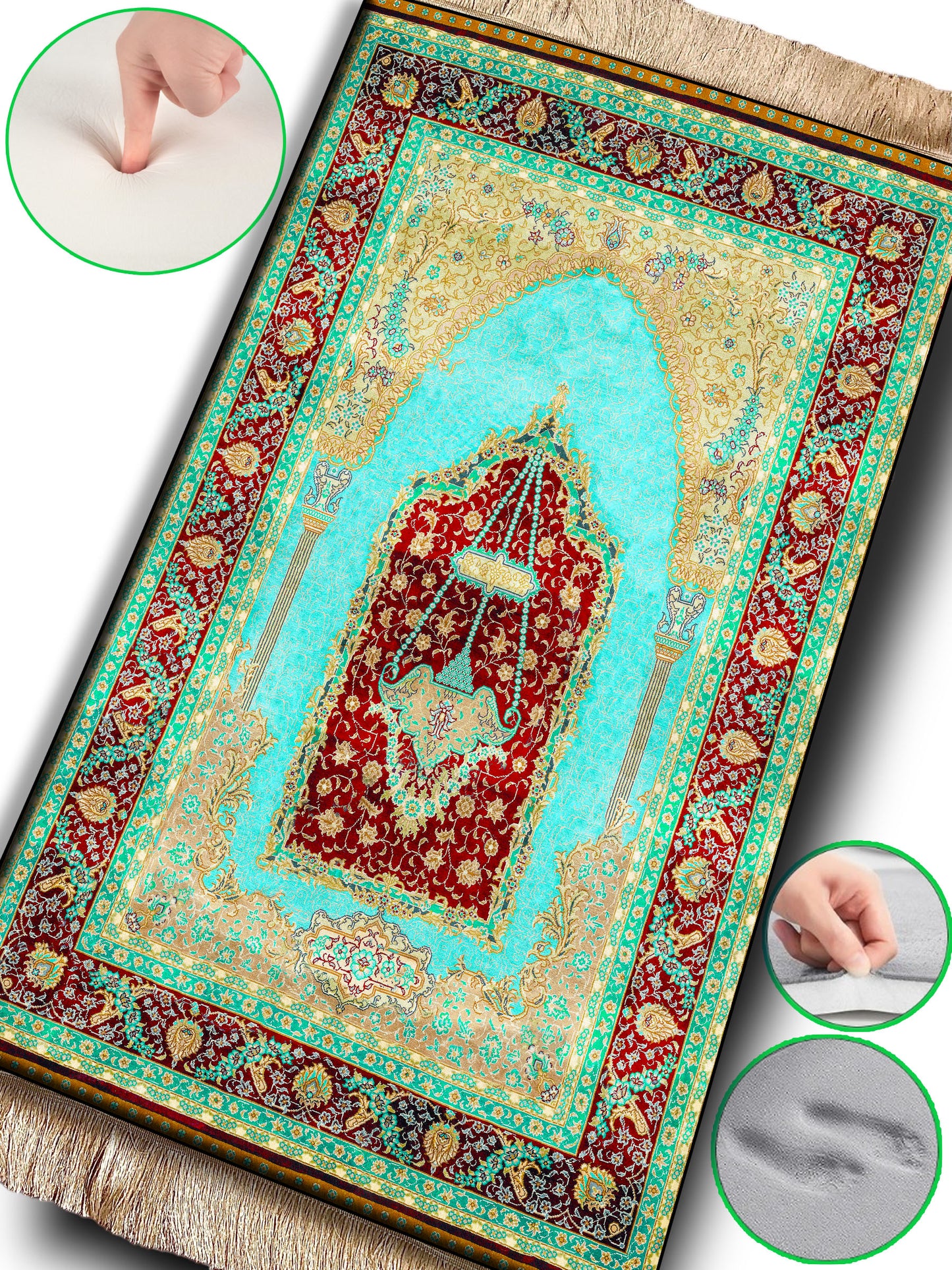 2 CM (0.8 Inch) Foam Thick Padded Prayer Rug Mat With Soft Velvet Anti-Slip Green Red Oriental Janamaz Muslim Sejadah