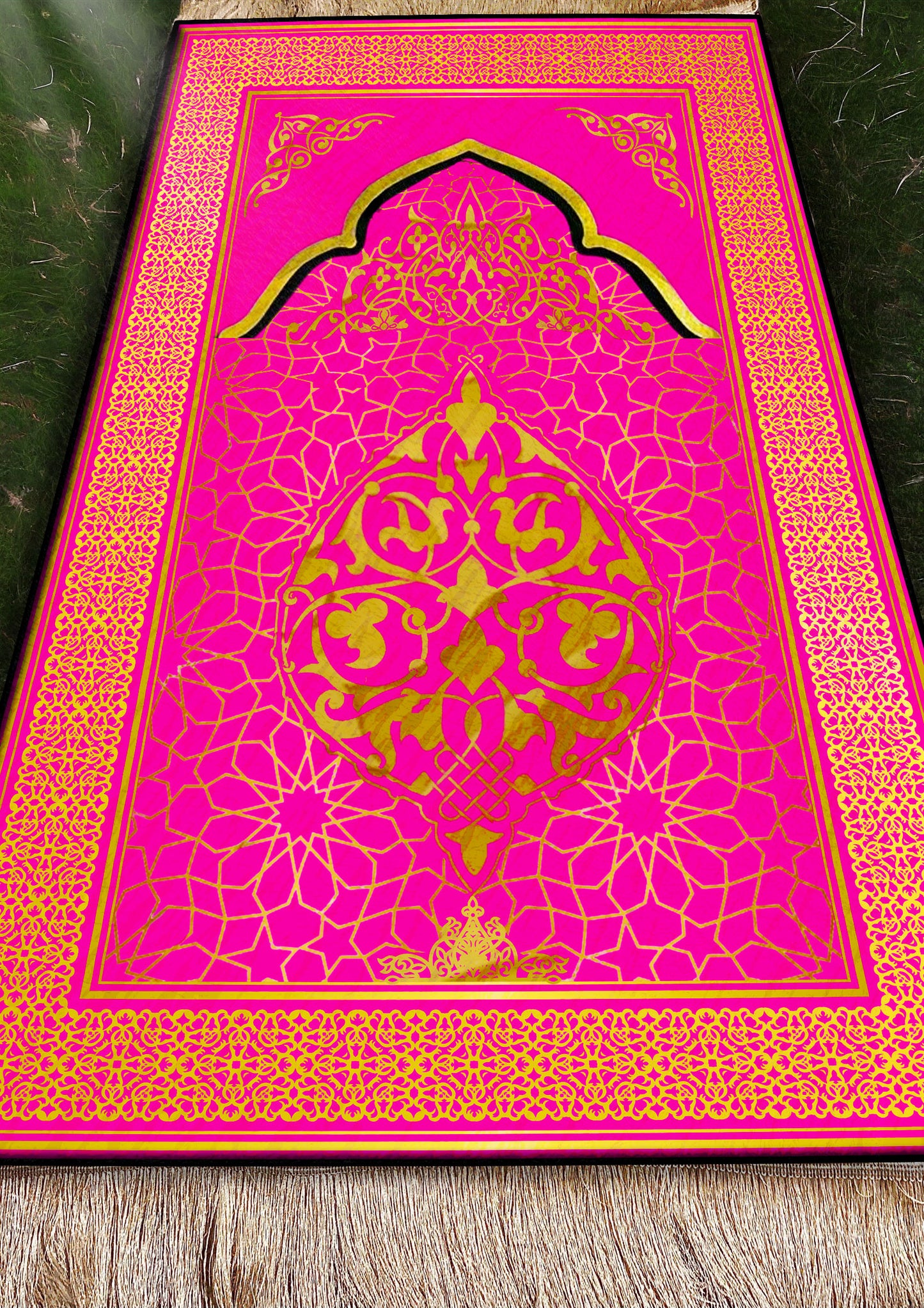 2 CM (0.8 Inch) Foam Thick Padded Prayer Rug Mat With Soft Velvet Anti-Slip Pink Gold Janamaz Muslim Sejadah