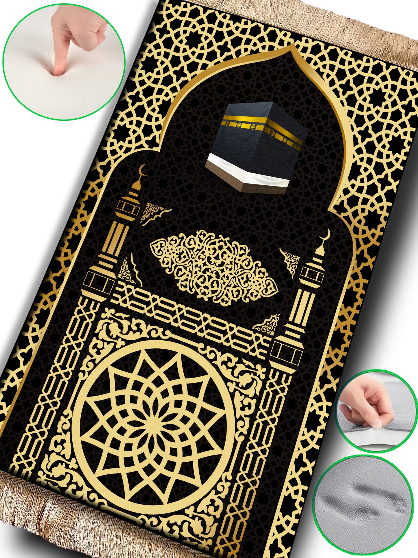 2 CM (0.8 Inch) Foam Thick Padded Prayer Rug Mat With Soft Velvet Anti-Slip Gold Kaaba Janamaz Muslim Sejadah