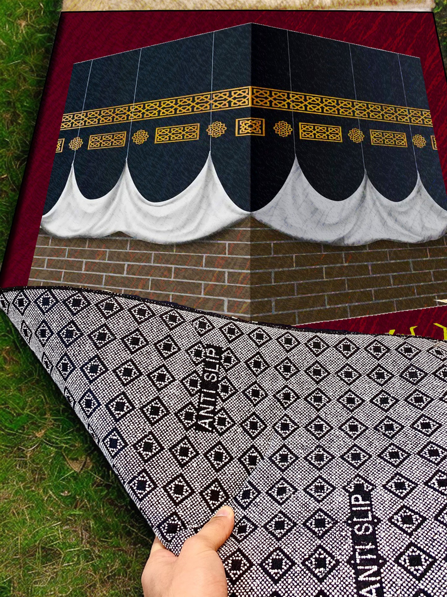 2 CM (0.8 Inch) Foam Thick Padded Prayer Rug Mat With Soft Velvet Anti-Slip Burgundy Kaaba Janamaz Muslim Sejadah