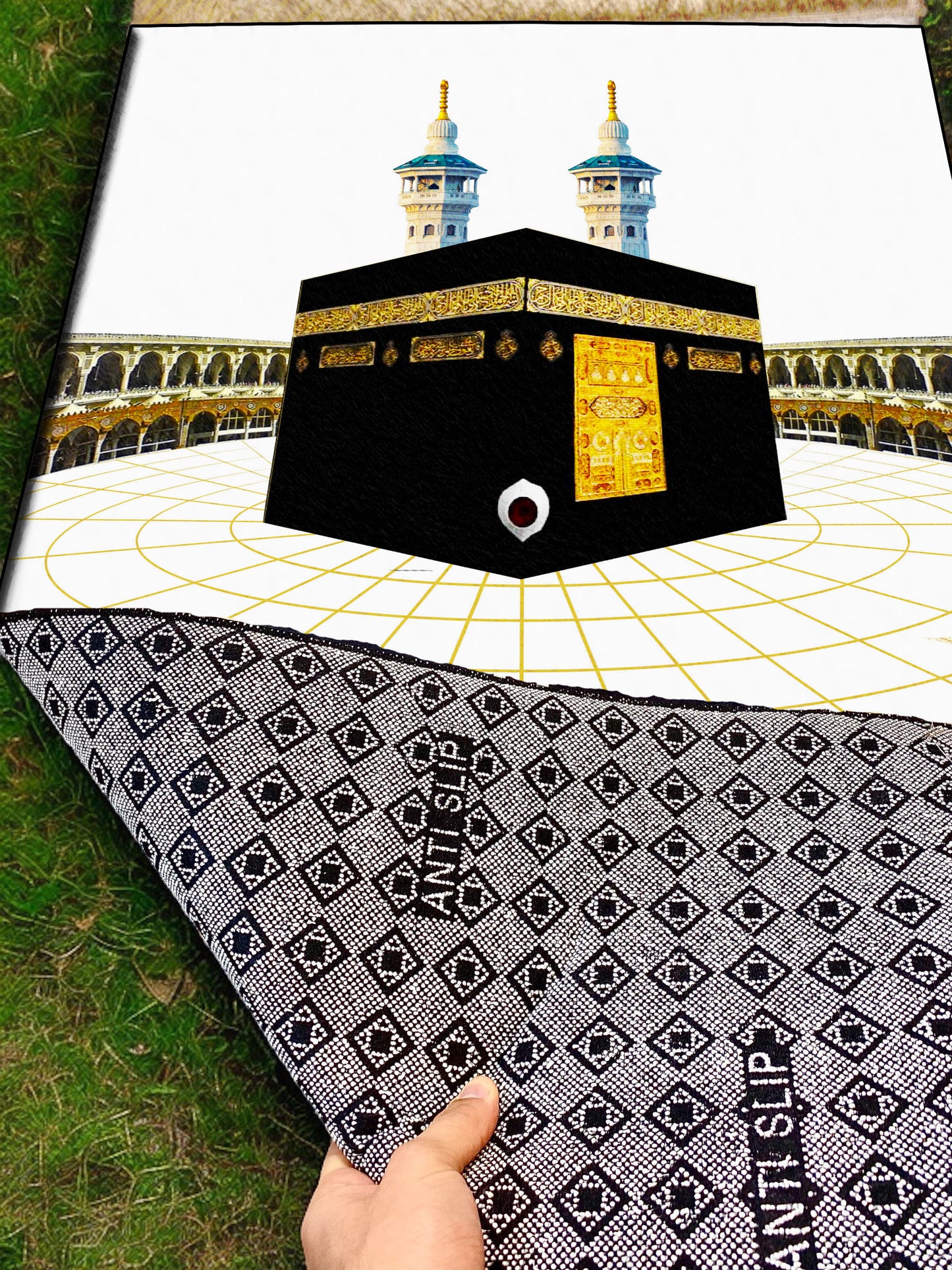 2 CM (0.8 Inch) Foam Thick Padded Prayer Rug Mat With Soft Velvet Anti-Slip White Kaaba Janamaz Muslim Sejadah