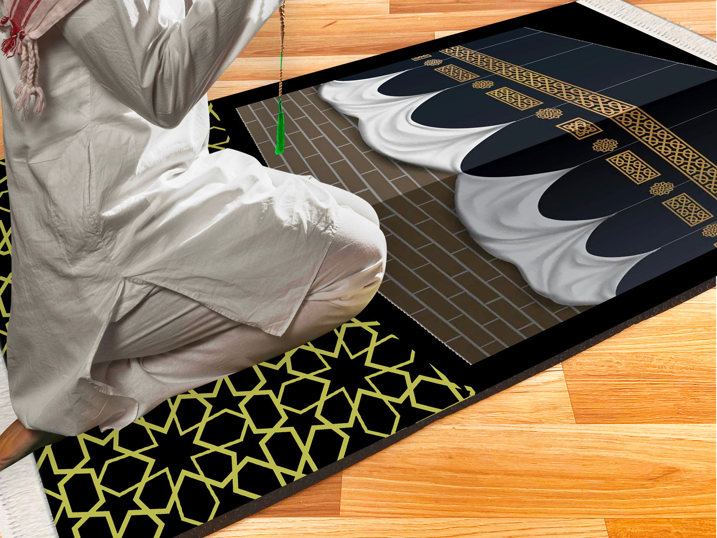 2 CM (0.8 Inch) Foam Thick Padded Prayer Rug Mat With Soft Velvet Anti-Slip Kaaba Black Janamaz Muslim Sejadah