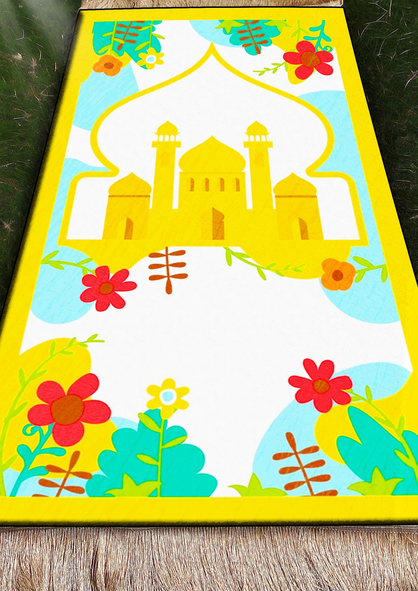 Childeren Kids Islamic Yellow Prayer Rug Mat With Soft Velvet Anti-Slip Janamaz Muslim Sejadah Praying Carpet