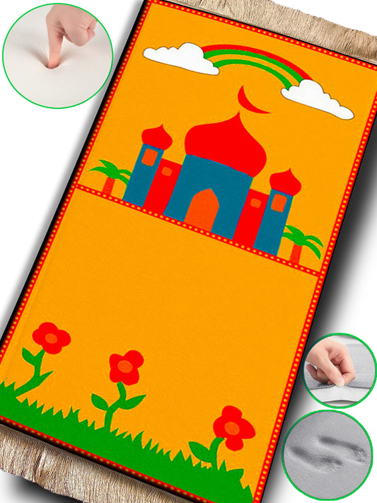 Childeren Kids Islamic Orange Mosque  Prayer Rug Mat With Soft Velvet Anti-Slip Janamaz Muslim Sejadah Praying Carpet