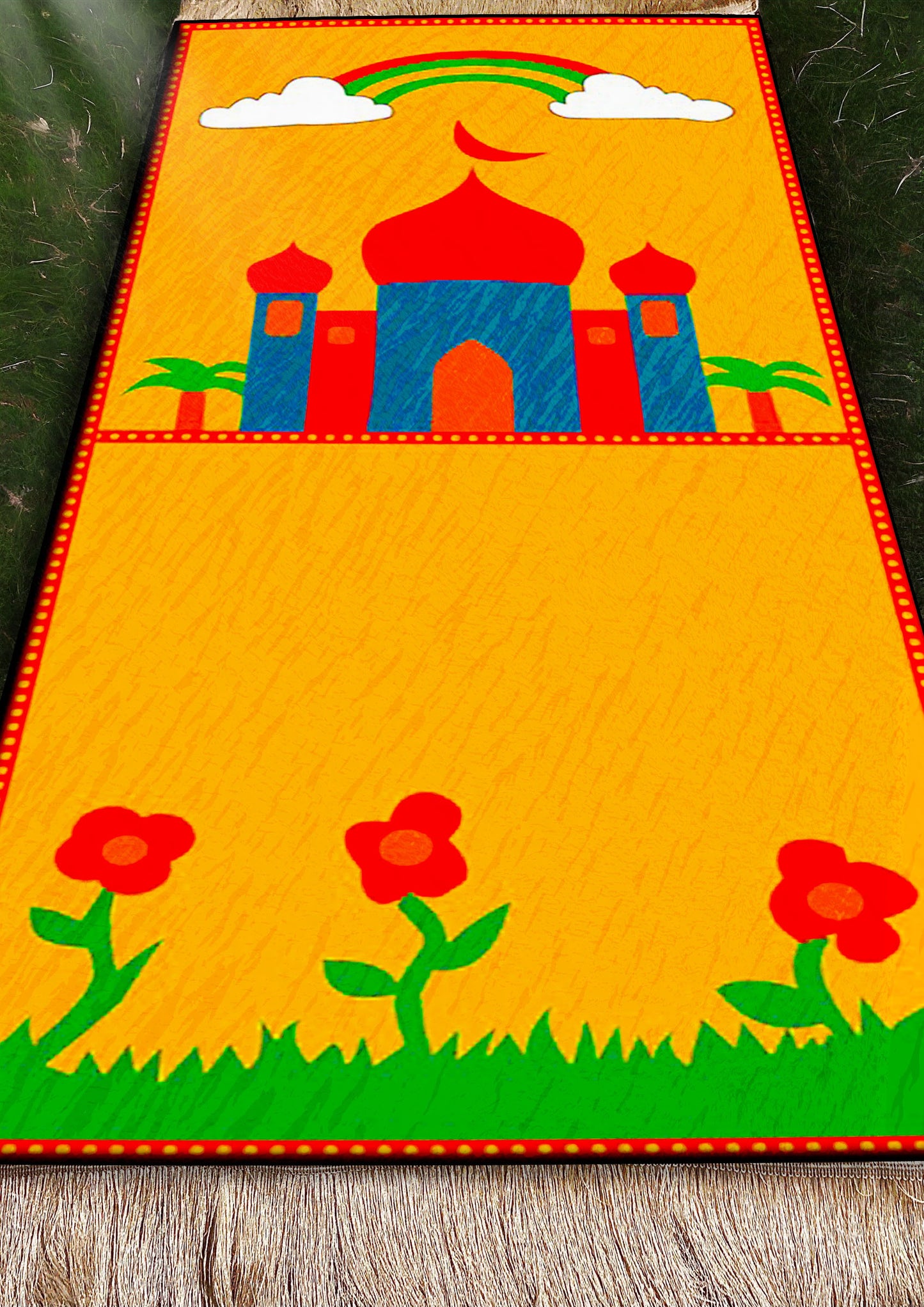 Childeren Kids Islamic Orange Mosque  Prayer Rug Mat With Soft Velvet Anti-Slip Janamaz Muslim Sejadah Praying Carpet