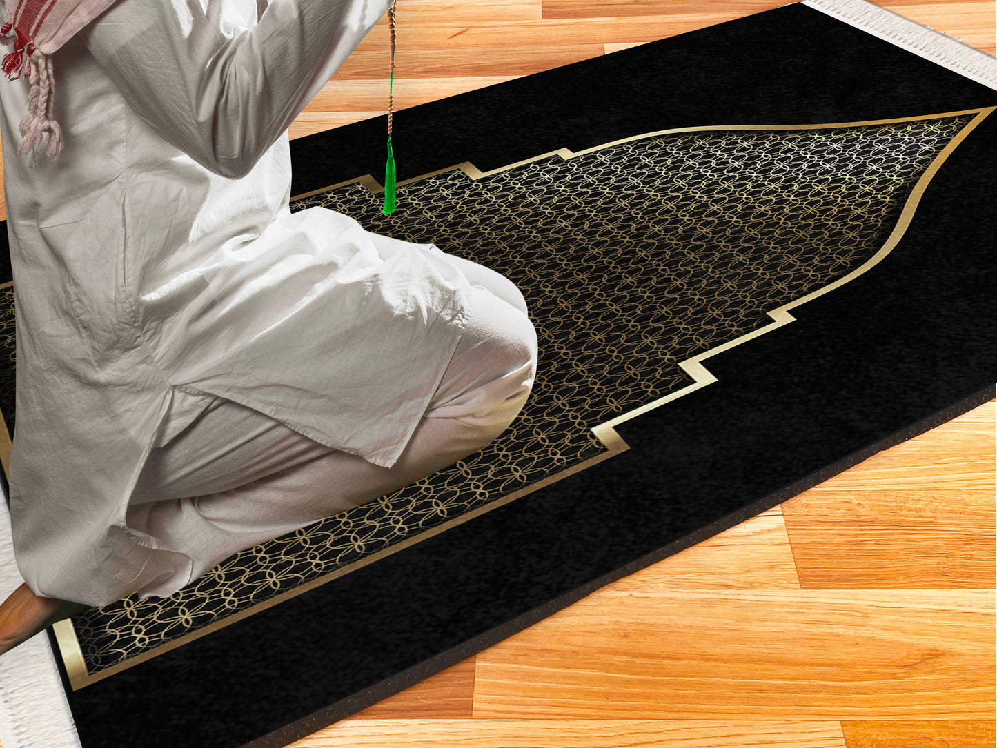 2 CM (0.8 Inch) Foam Thick Padded Prayer Rug Mat With Soft Velvet Anti-Slip Door Black Gold Janamaz Muslim Sejadah