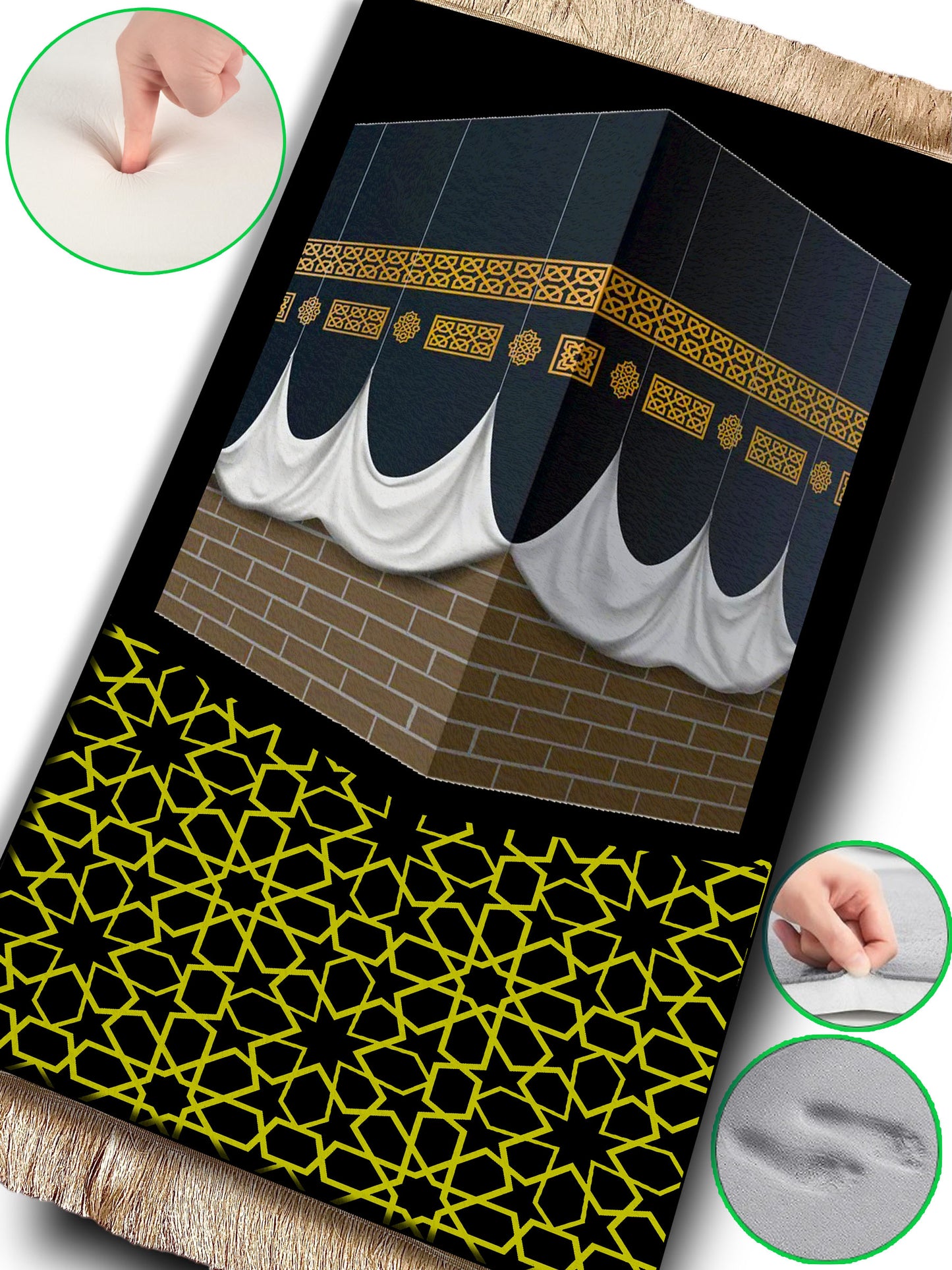 2 CM (0.8 Inch) Foam Thick Padded Prayer Rug Mat With Soft Velvet Anti-Slip Kaaba Black Janamaz Muslim Sejadah