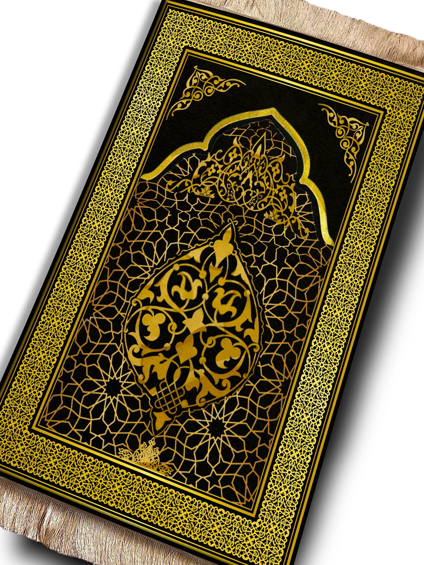 Yeşil Kabe Desenli İsme Özel Keten Astarlı Lüks Seccade - Carpetella