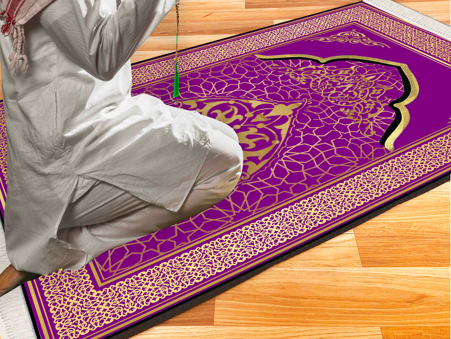 2 CM (0.8 Inch) Foam Thick Padded Prayer Rug Mat With Soft Velvet Anti-Slip Purple Gold Janamaz Muslim Sejadah