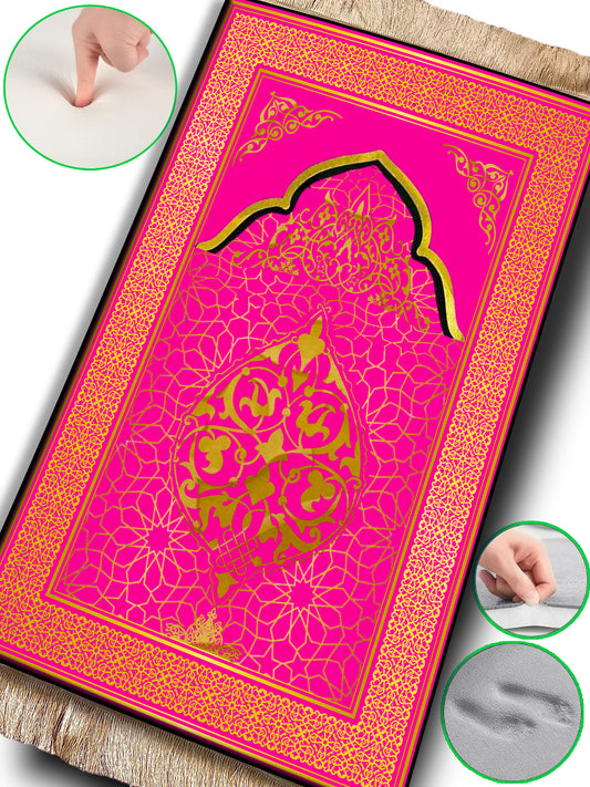 2 CM (0.8 Inch) Foam Thick Padded Prayer Rug Mat With Soft Velvet Anti-Slip Pink Gold Janamaz Muslim Sejadah