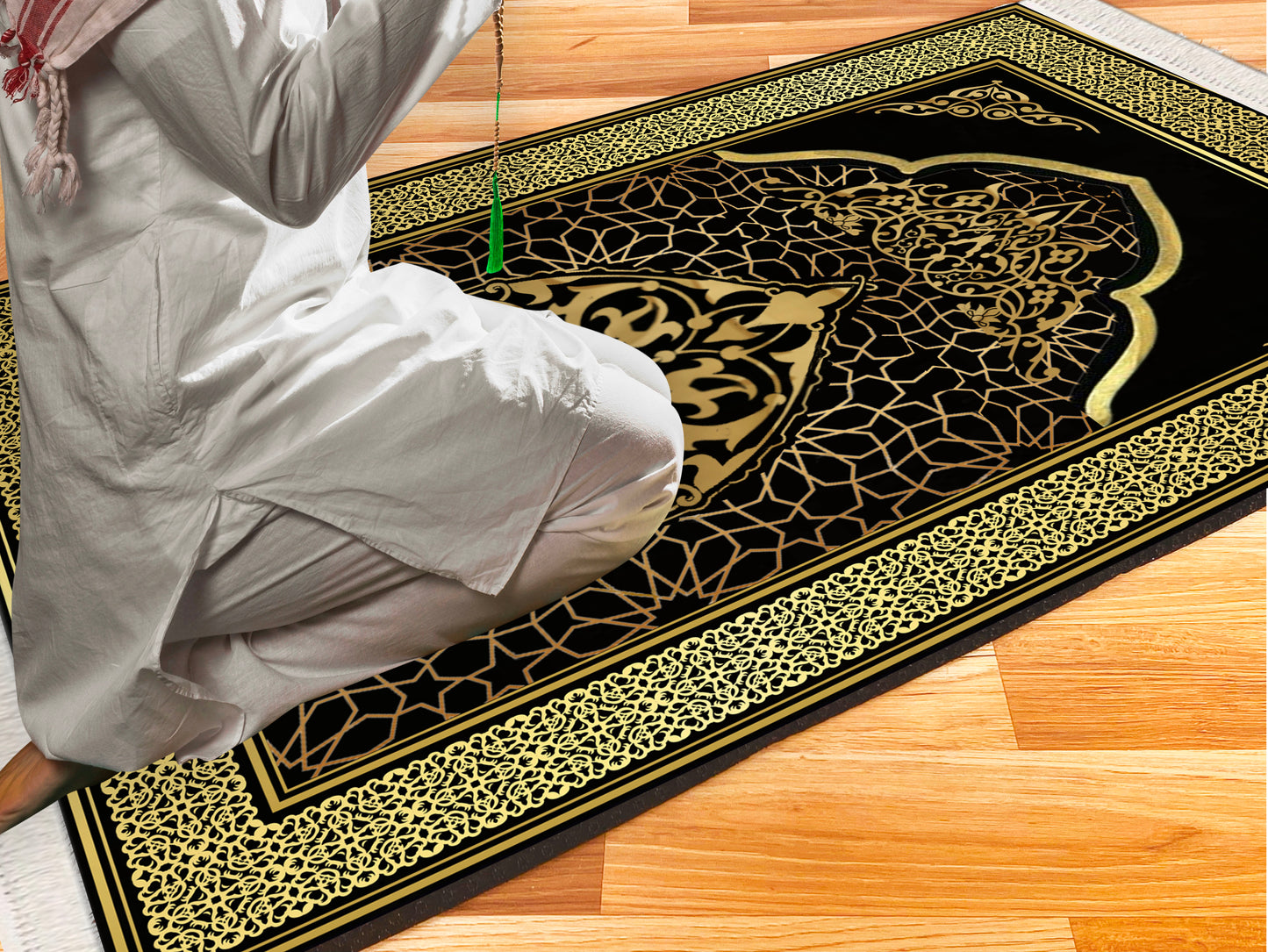 2 CM (0.8 Inch) Foam Thick Padded Prayer Rug Mat With Soft Velvet Anti-Slip Black Gold Janamaz Muslim Sejadah