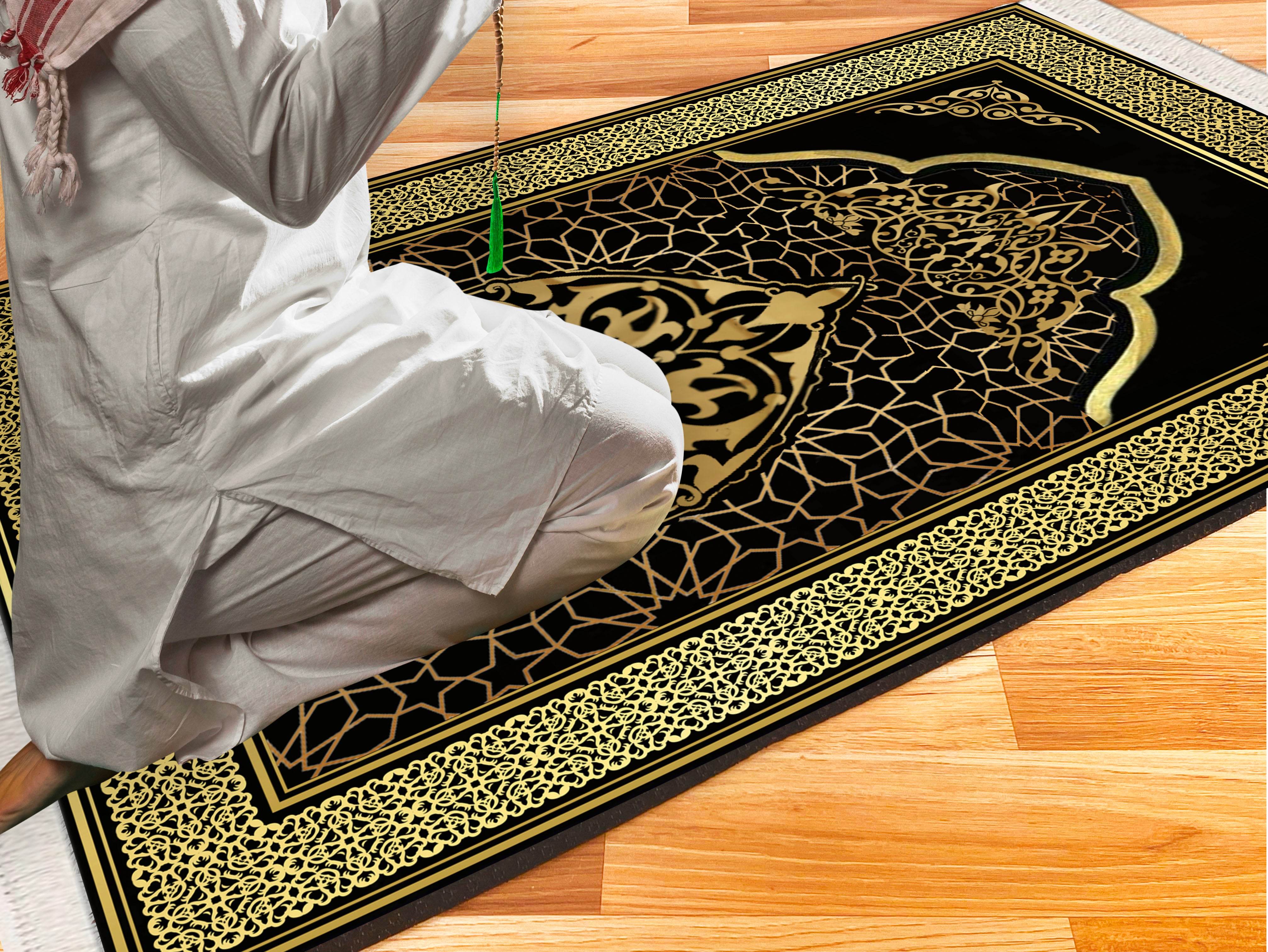 Yeşil Kabe Desenli İsme Özel Keten Astarlı Lüks Seccade - Carpetella