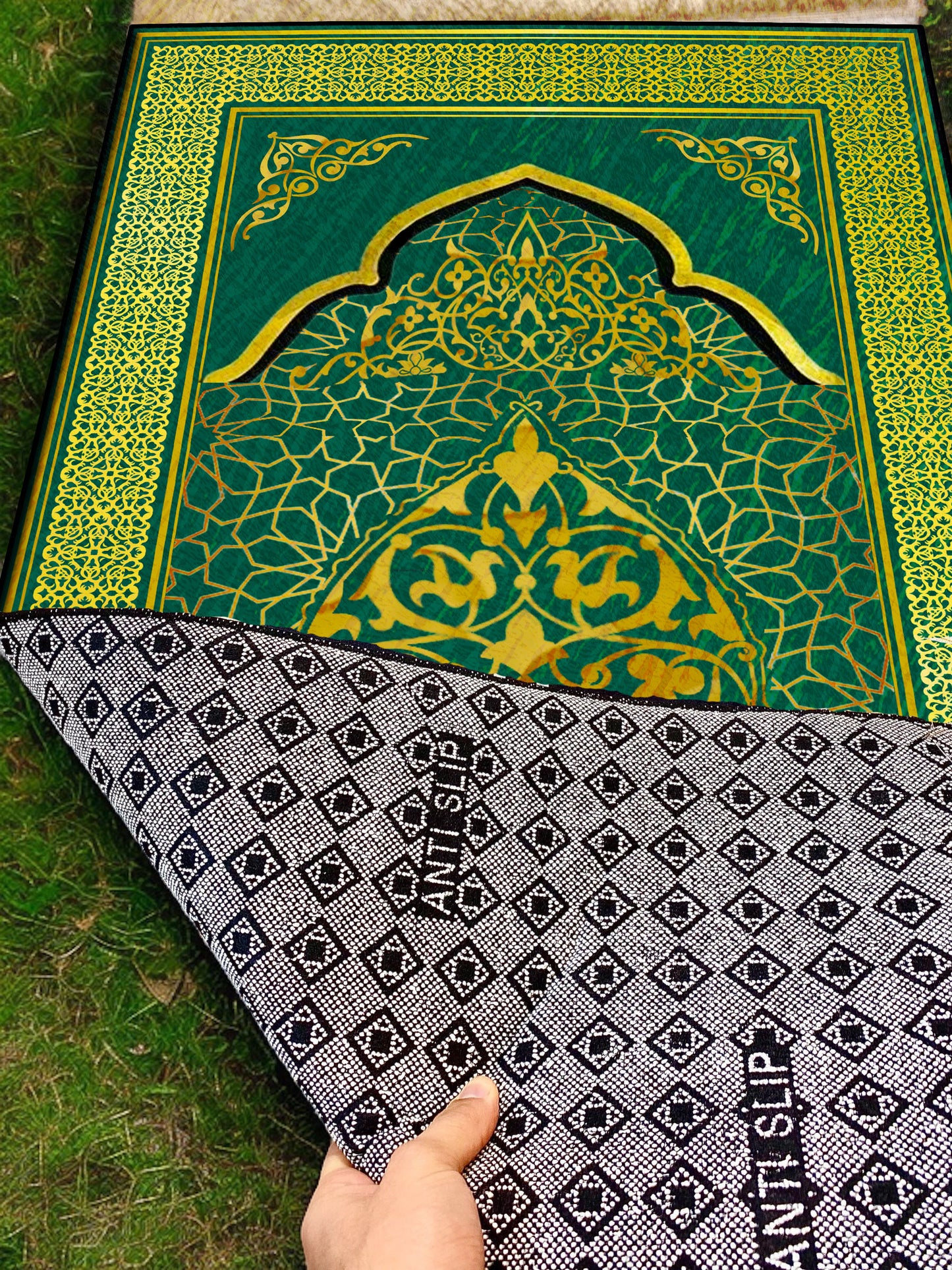 2 CM (0.8 Inch) Foam Thick Padded Prayer Rug Mat With Soft Velvet Anti-Slip Green Gold Janamaz Muslim Sejadah