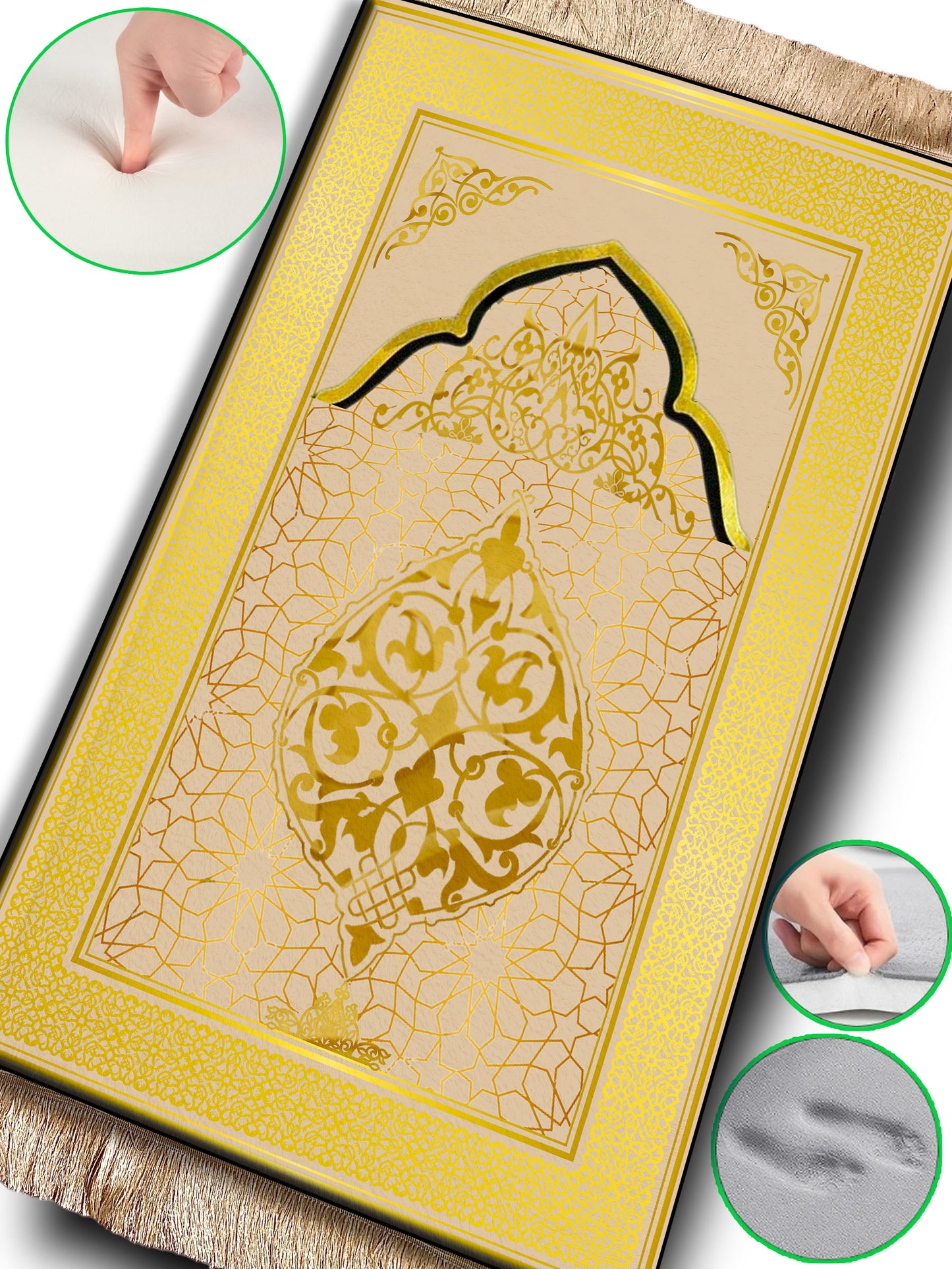 2 CM (0.8 Inch) Foam Thick Padded Prayer Rug Mat With Soft Velvet Anti-Slip Gold Beige Janamaz Muslim Sejadah