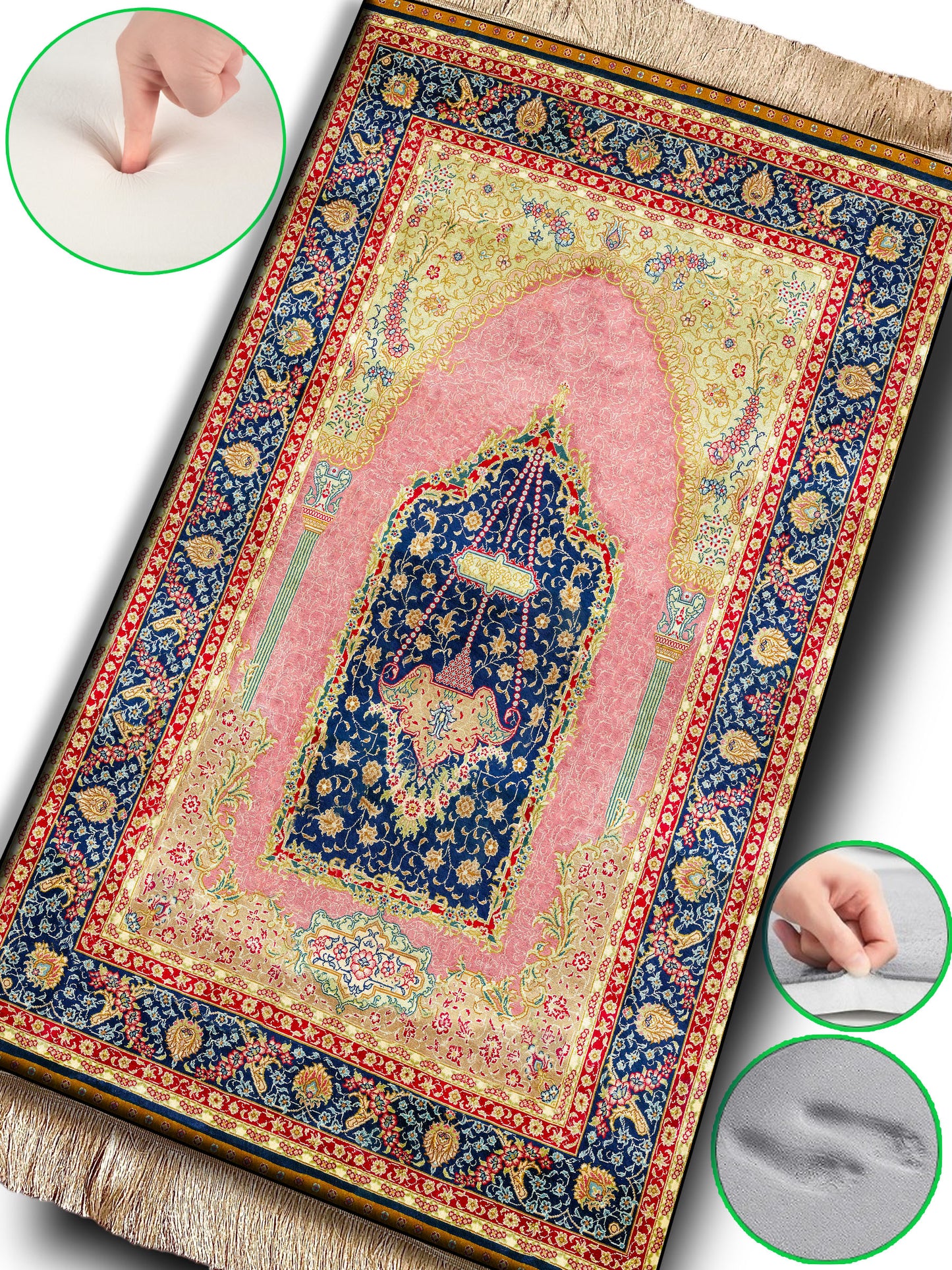 2 CM (0.8 Inch) Foam Thick Padded Prayer Rug Mat With Soft Velvet Anti-Slip Pink Oriental Janamaz Muslim Sejadah