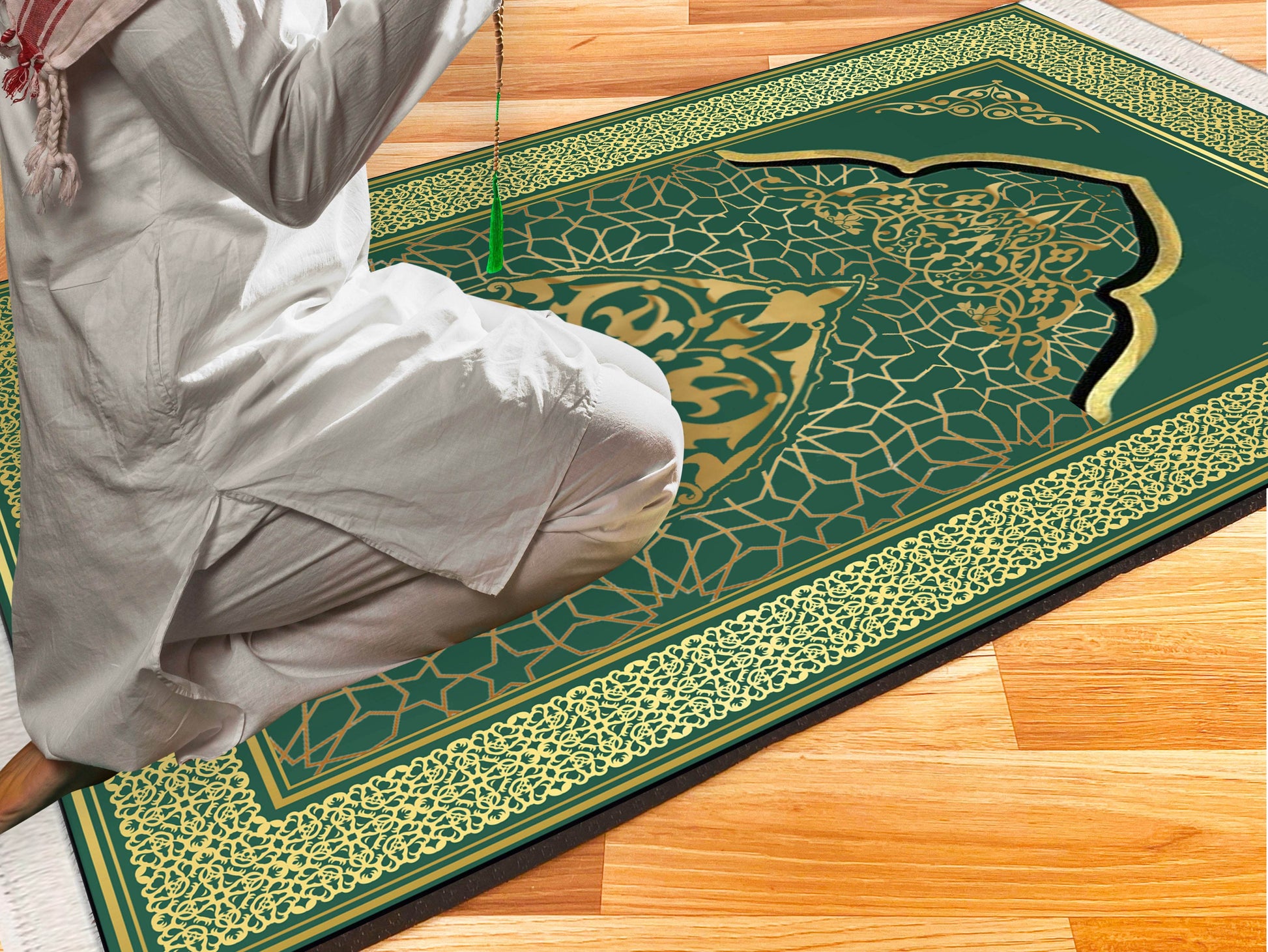 Yeşil Gold İsme Özel Keten Astarlı Lüks Seccade - Carpetella