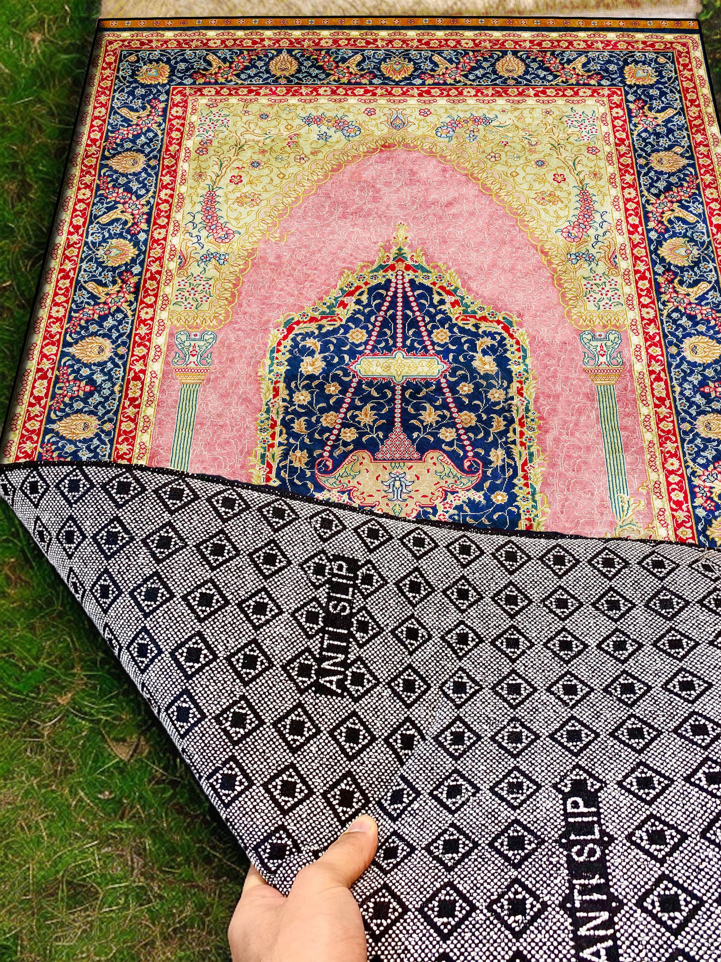 2 CM (0.8 Inch) Foam Thick Padded Prayer Rug Mat With Soft Velvet Anti-Slip Pink Oriental Janamaz Muslim Sejadah