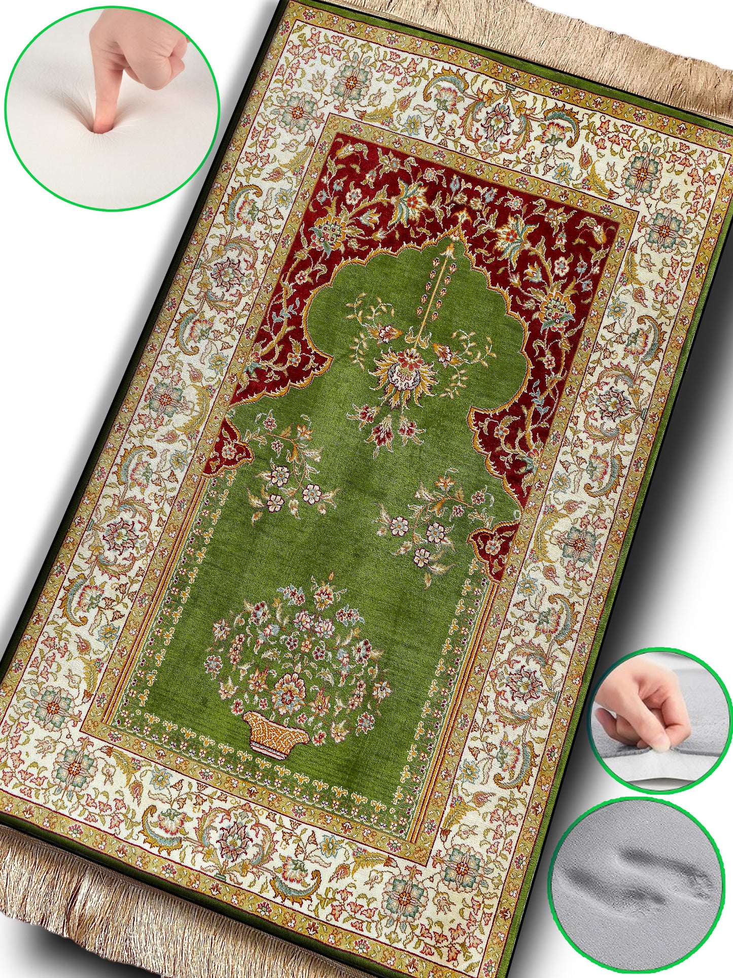 2 CM (0.8 Inch) Foam Thick Padded Prayer Rug Mat With Soft Velvet Anti-Slip Green Oriental Janamaz Muslim Sejadah