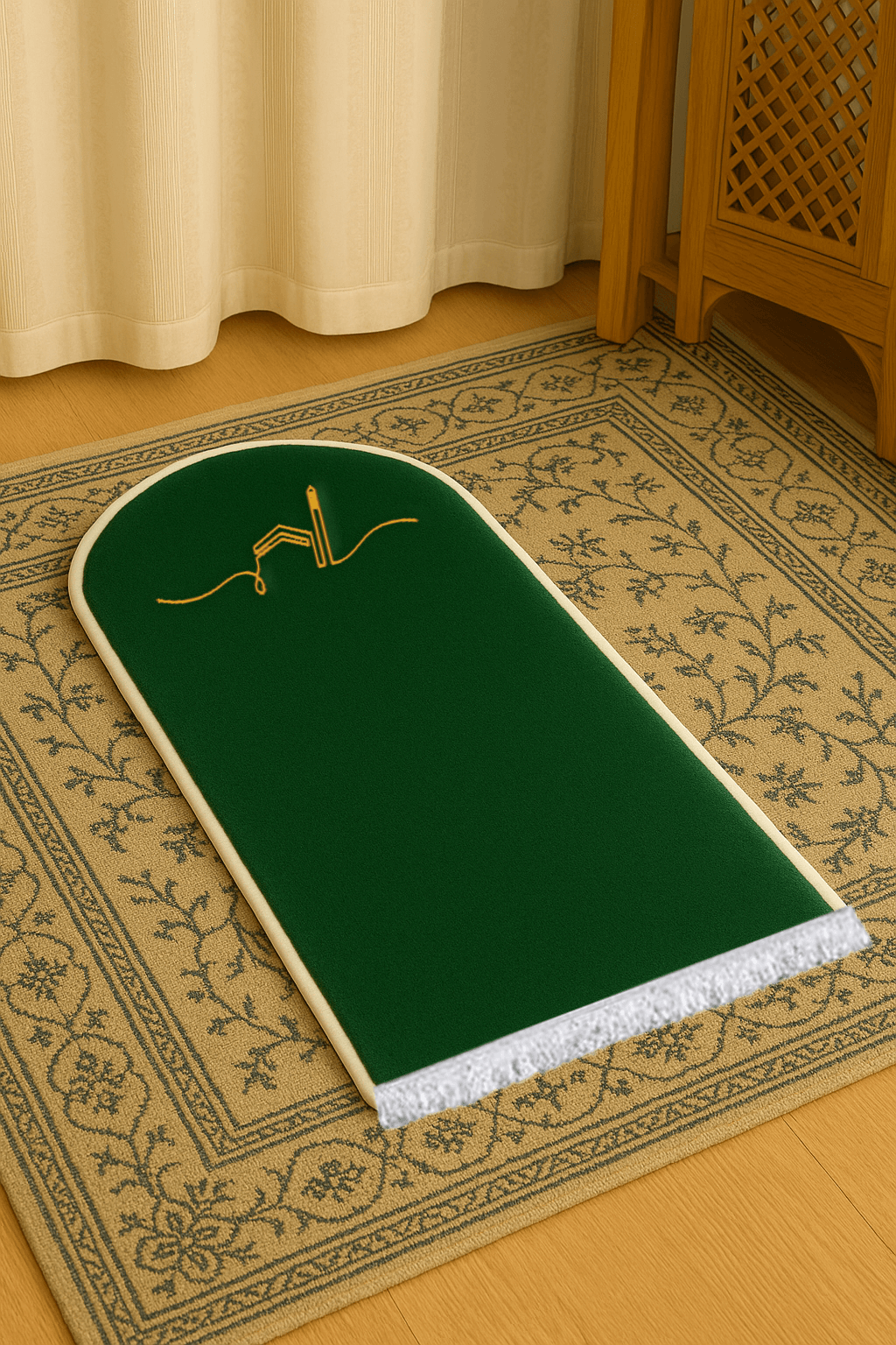 Yeşil Kabe İşlemeli Kadife Seccade | Ortopedik 3cm Süngerli - Carpetella